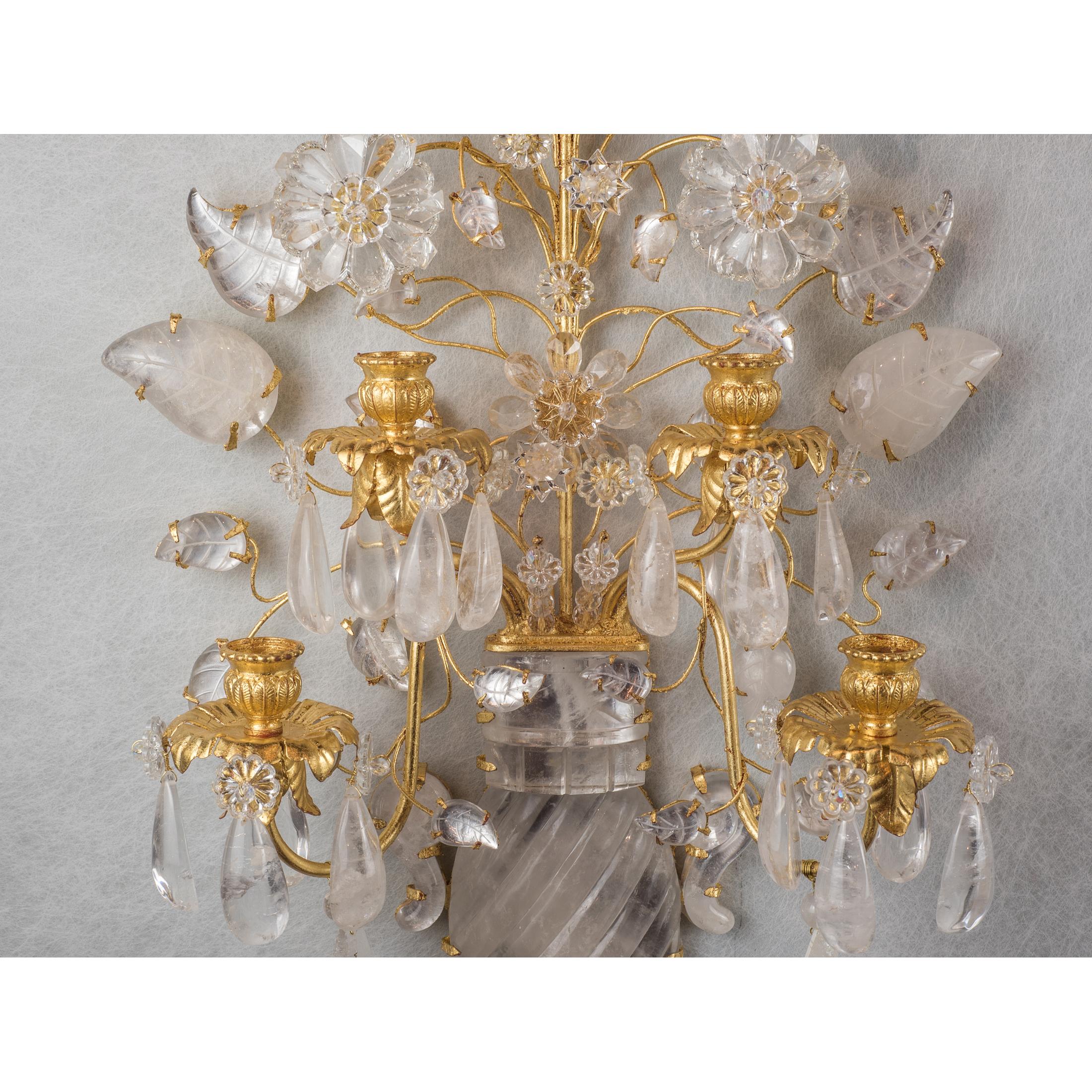 Pair of French Four-Light Gilt Metal Rock Crystal Wall Sconces In Good Condition In New York, NY