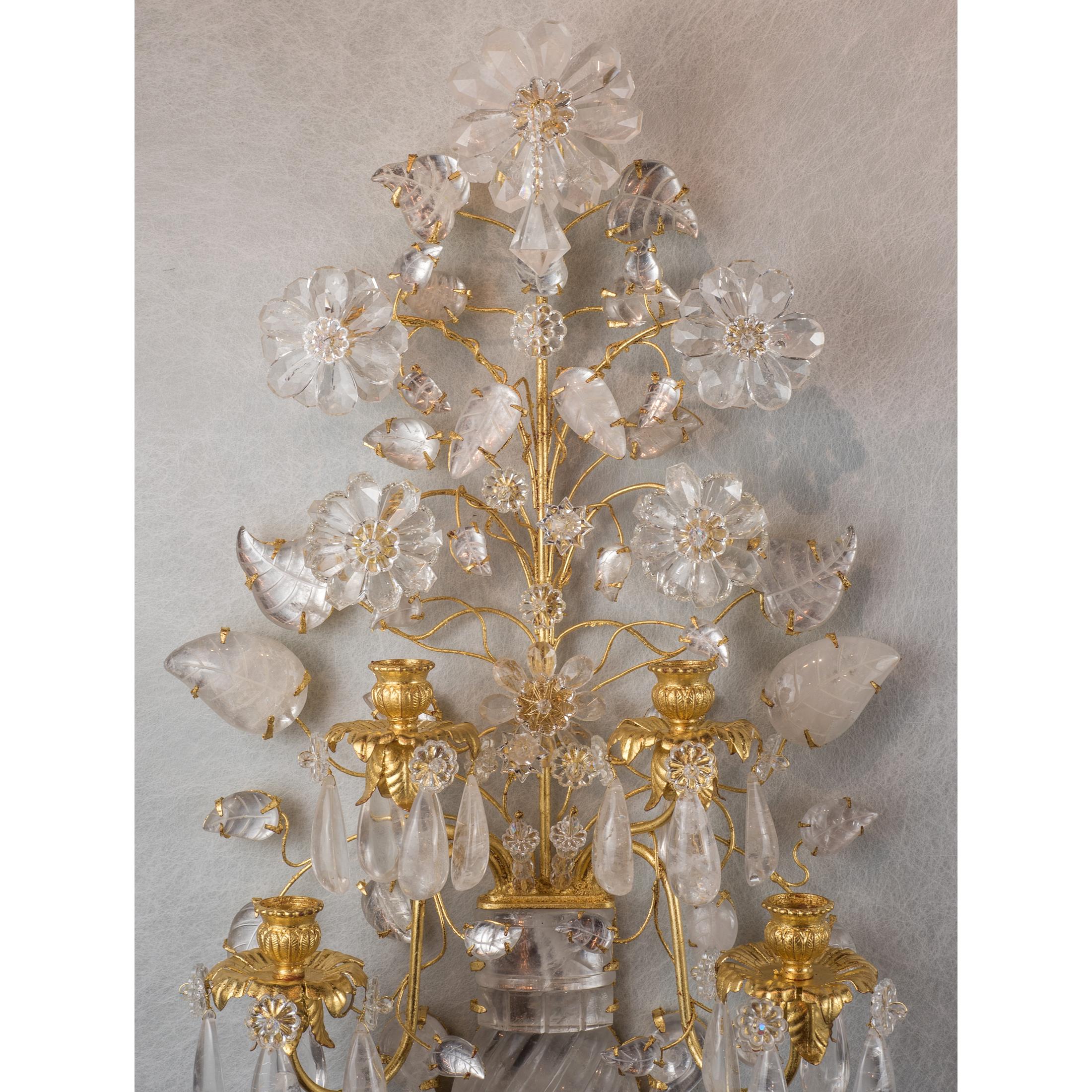 20th Century Pair of French Four-Light Gilt Metal Rock Crystal Wall Sconces