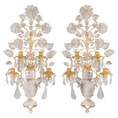 Pair of French Four-Light Gilt Metal Rock Crystal Wall Sconces