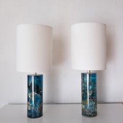 Pair of French Fractal Acrylic Blue Resin Lamps, 1960s