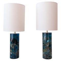 Pair of French Fractal Acrylic Blue Resin Lamps, 1960s