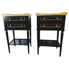 Pair of French Galleried Marble-Top Ebony End Tables in Jansen Manner