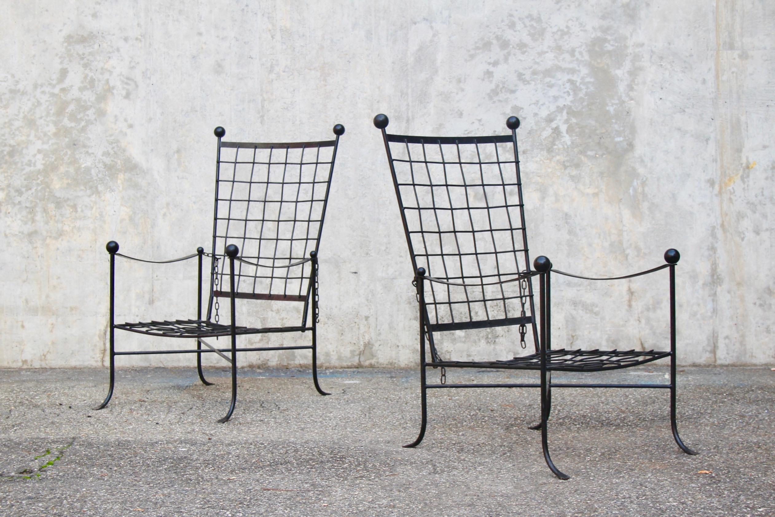 Italian Pair of Mario Papperzini attribute Garden Lounge Chairs with Ottoman Black Metal