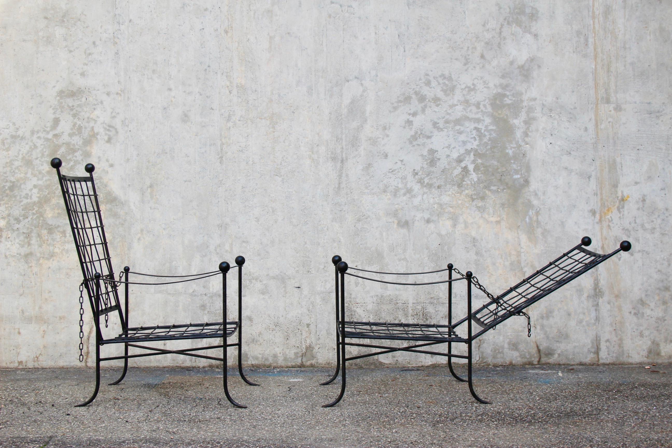 Mid-20th Century Pair of Mario Papperzini attribute Garden Lounge Chairs with Ottoman Black Metal