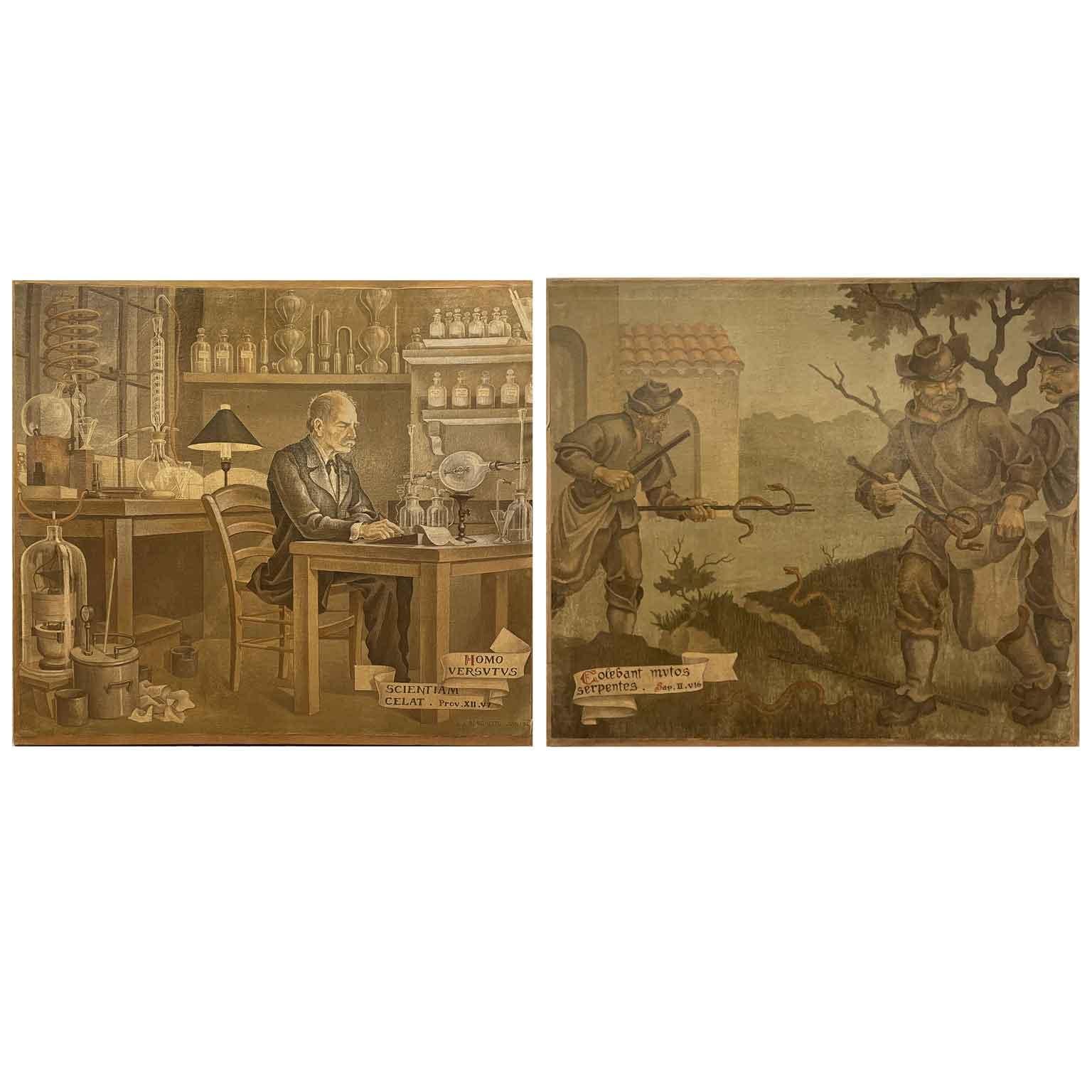 The Alchemist and the Snake Hunters a Pair of extremely decorative oil on canvas paintings in pendant, large 140 cm - 55 inches each, of French origin, in good condition signed and dated J.J. Borghetto 1945. The first work portrays an alchemist