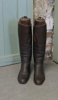 Pair of French Gentleman’s Antique Leather Riding Boots With Wooden Trees