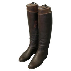 Pair of French Gentleman’s Antique Leather Riding Boots With Wooden Trees