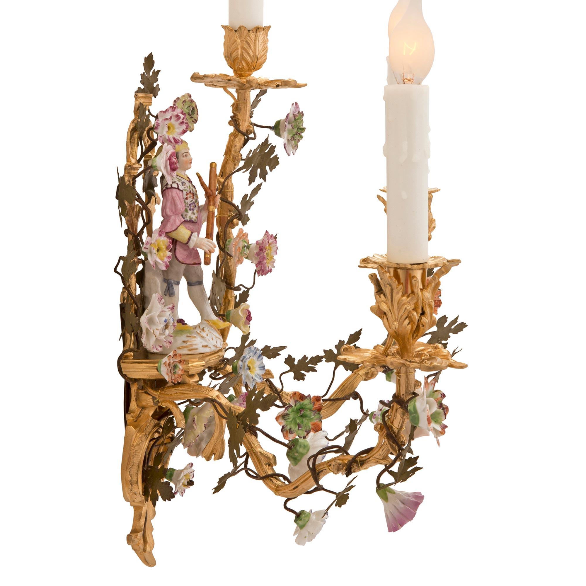 Pair of French & German Collaboration 19th Century Louis XV St. Meissen Sconces In Good Condition For Sale In West Palm Beach, FL
