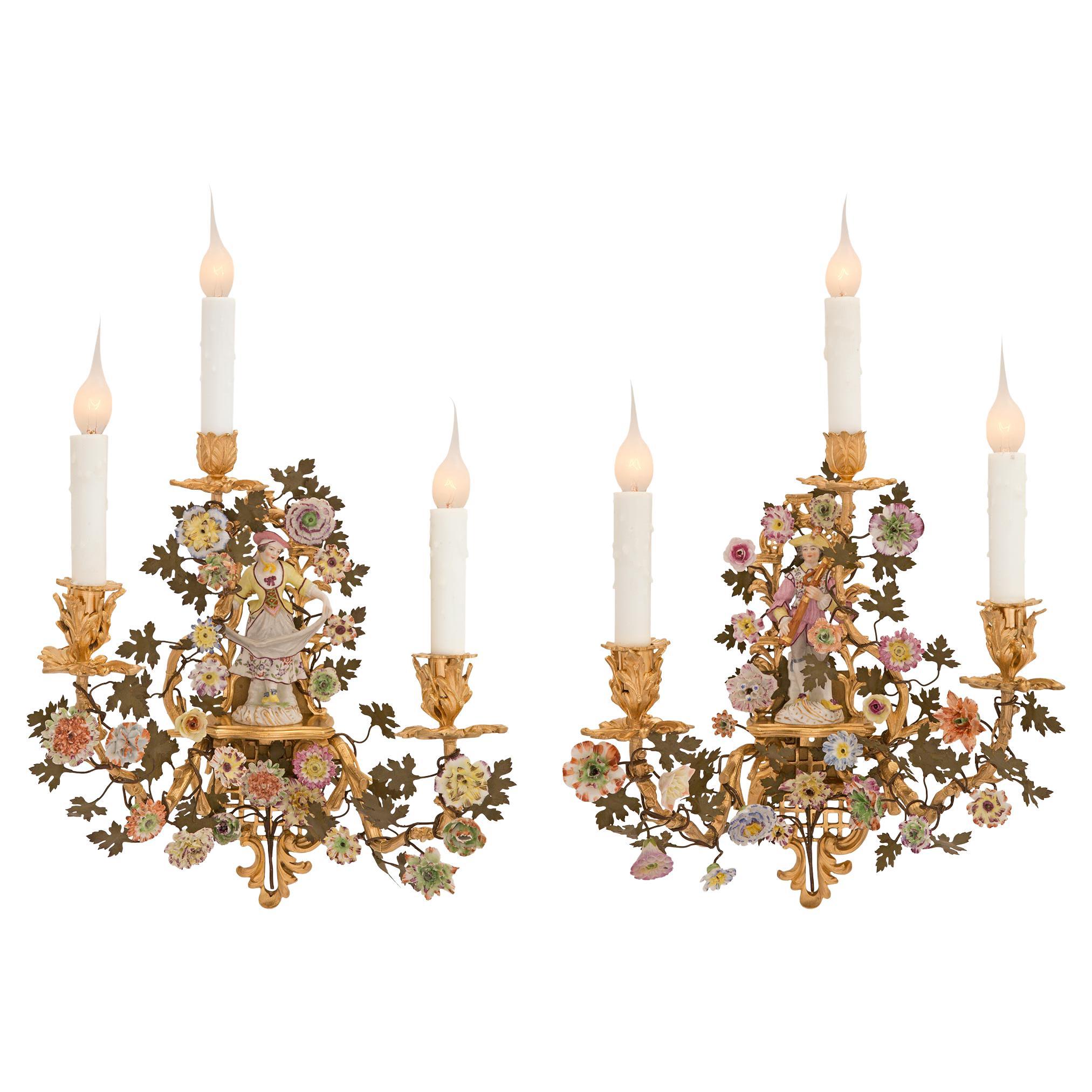 Pair of French & German Collaboration 19th Century Louis XV St. Meissen Sconces