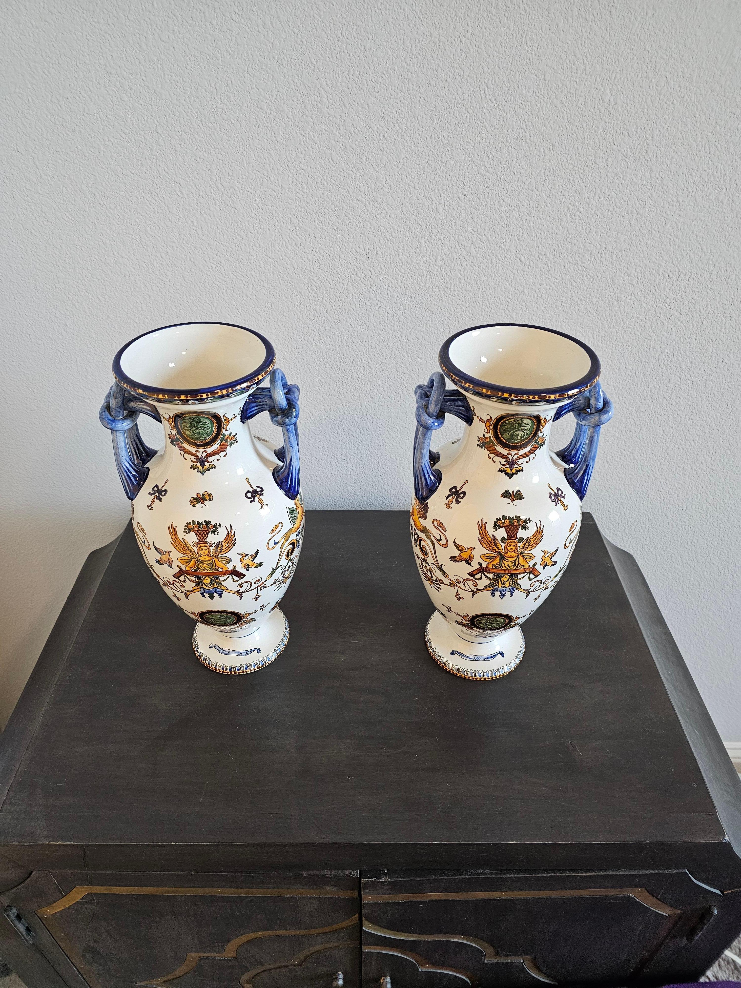 Pair of French Gien Fiance Renaissance Revival Ceramic Vases 10