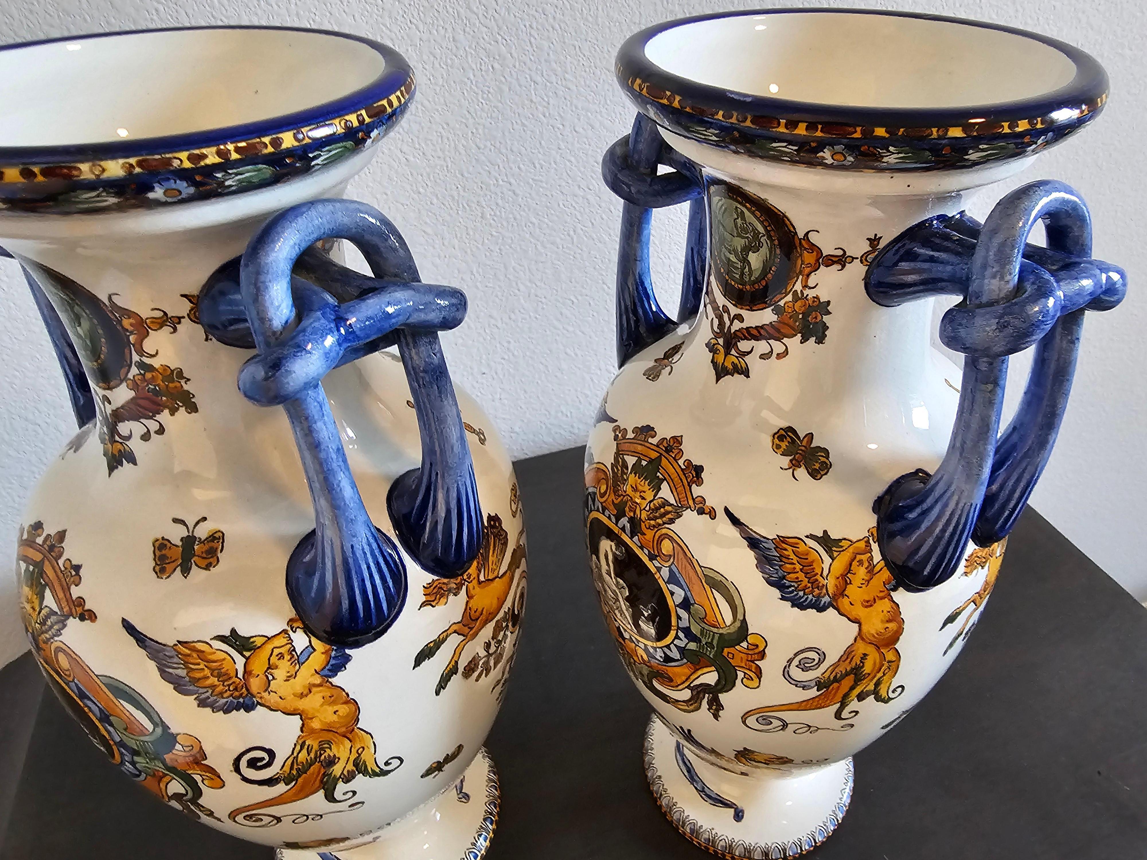 Pair of French Gien Fiance Renaissance Revival Ceramic Vases For Sale 11