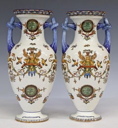 Pair of French Gien Fiance Renaissance Revival Ceramic Vases
