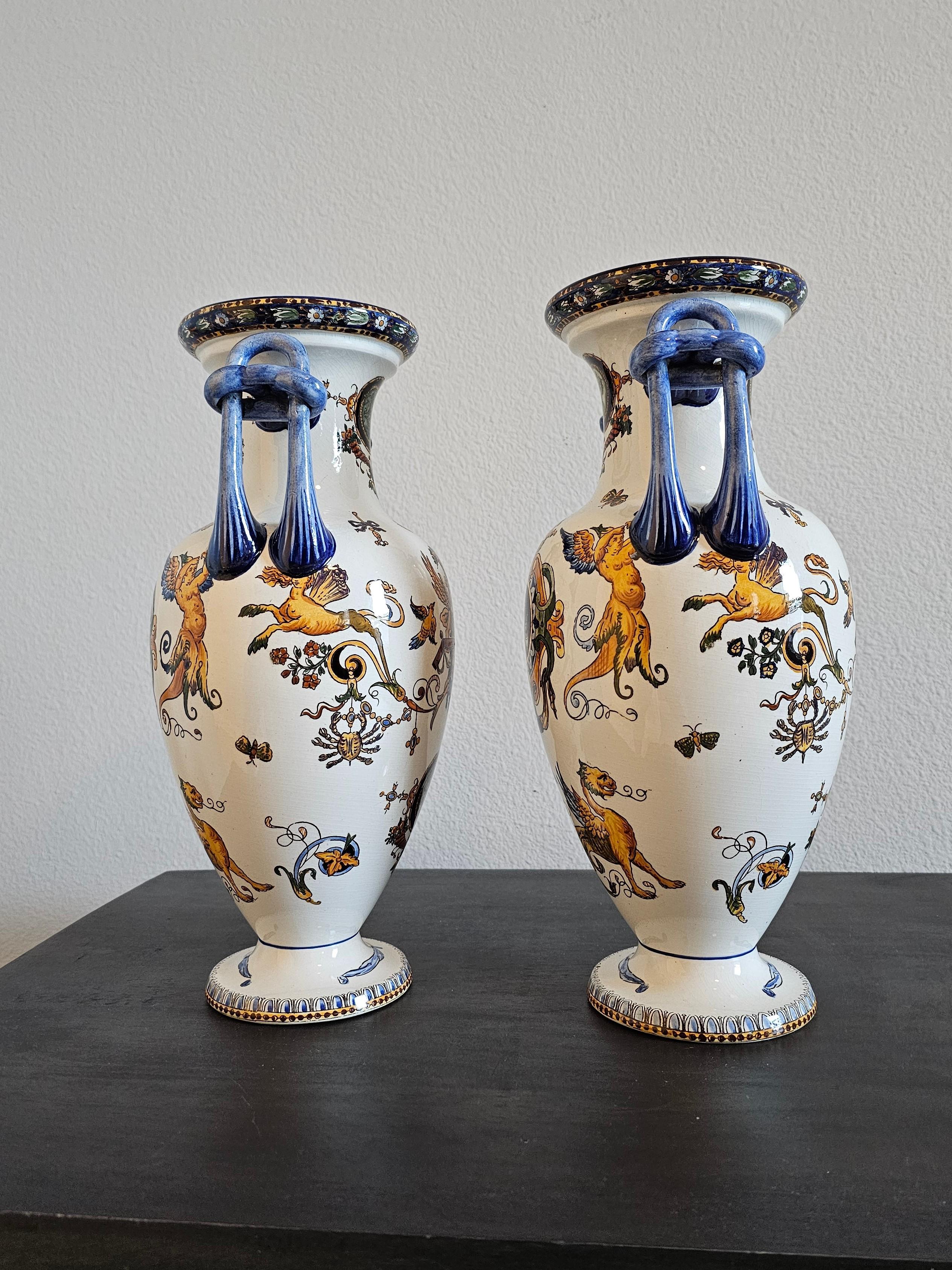 Pair of French Gien Fiance Renaissance Revival Ceramic Vases In Good Condition For Sale In Forney, TX