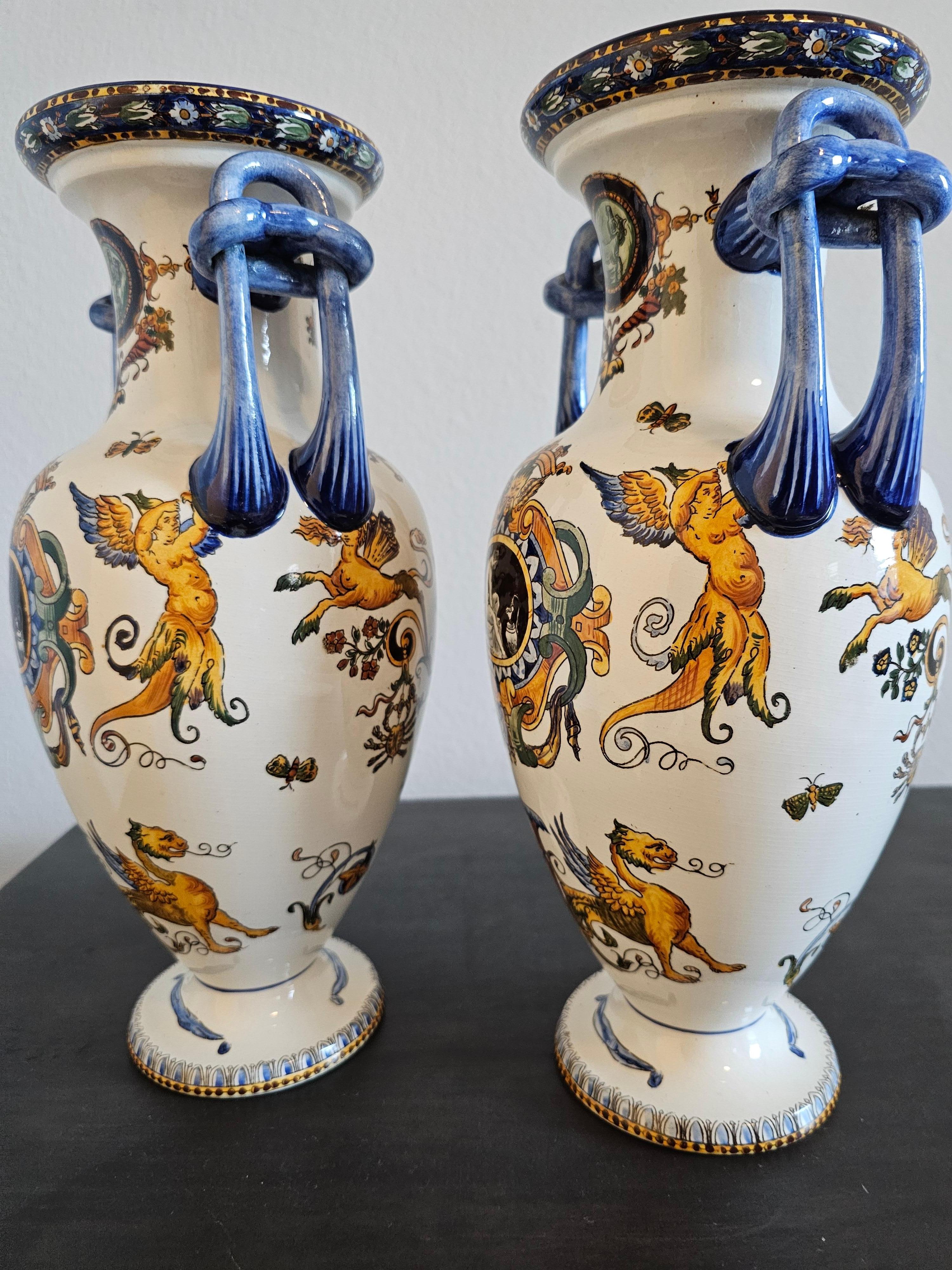 19th Century Pair of French Gien Fiance Renaissance Revival Ceramic Vases
