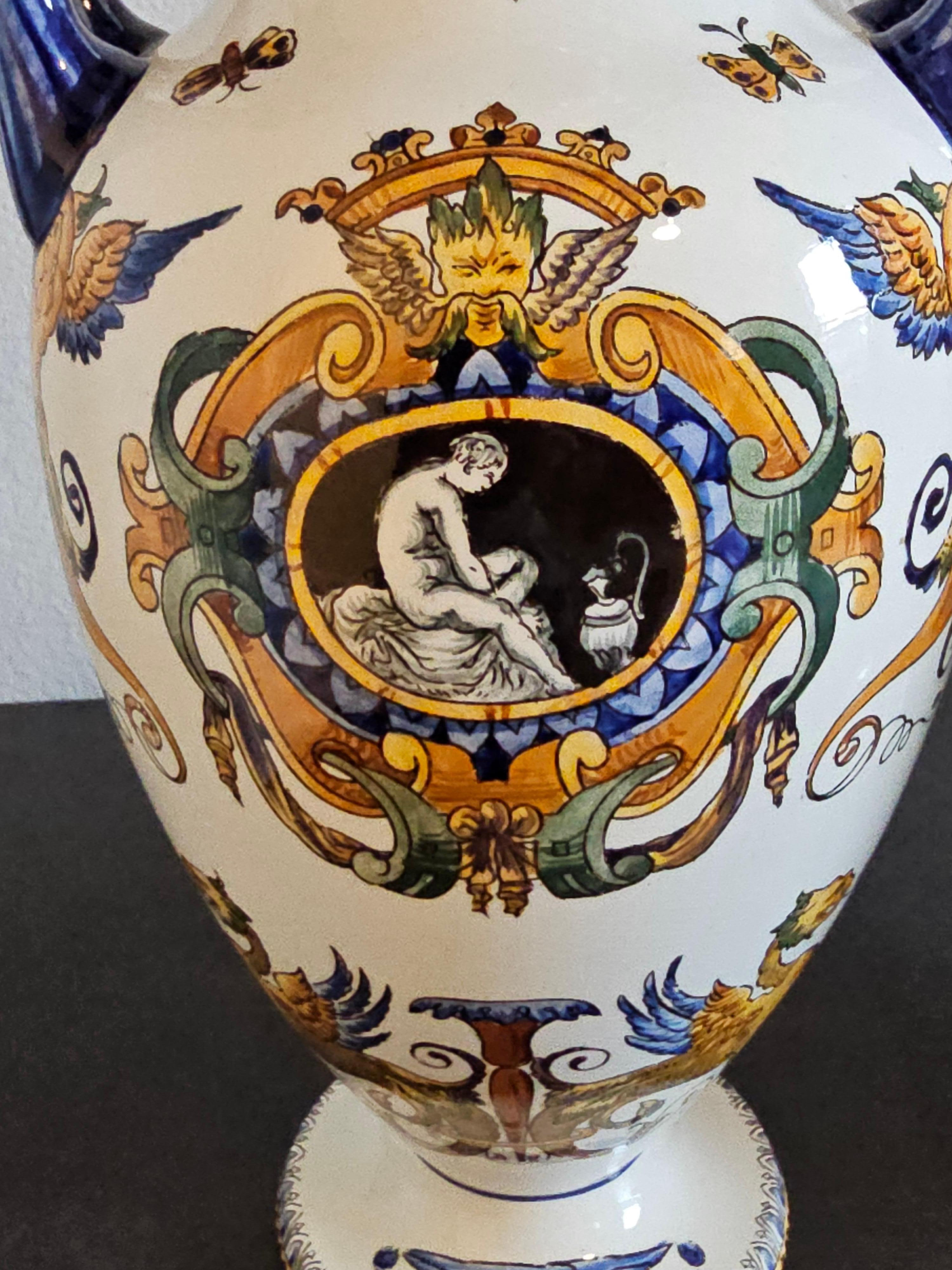 Pair of French Gien Fiance Renaissance Revival Ceramic Vases For Sale 4
