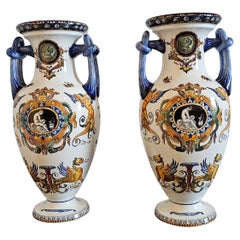 Antique Pair of French Gien Fiance Renaissance Revival Ceramic Vases