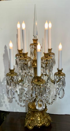 Pair of French Gilded Age Gilt Bronze and Crystal Candelabra, Illuminated