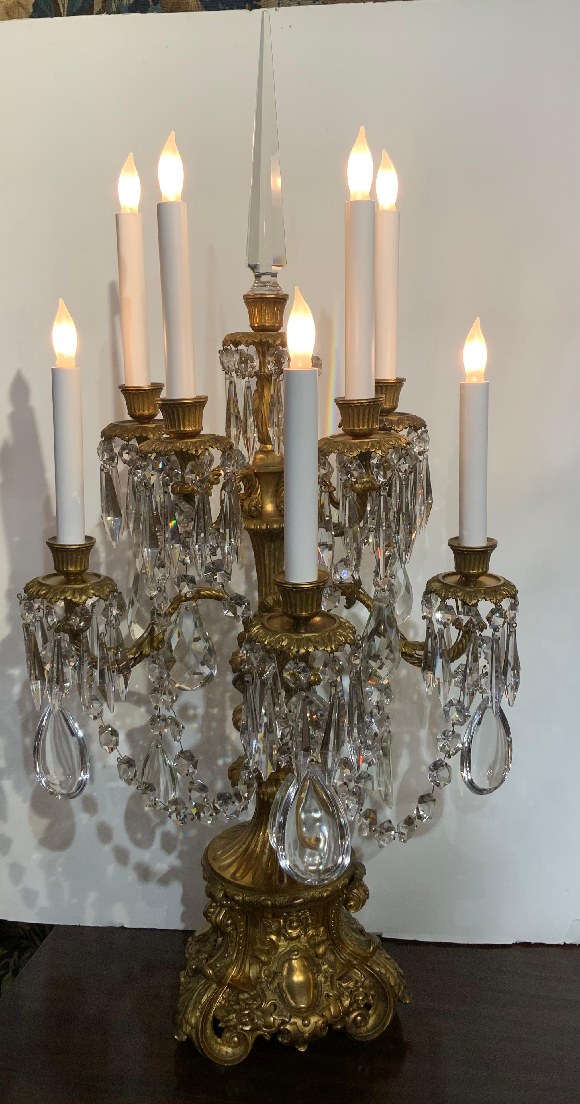 Late 19th Century Pair of French Gilded Age Gilt Bronze and Crystal Candelabra, Illuminated