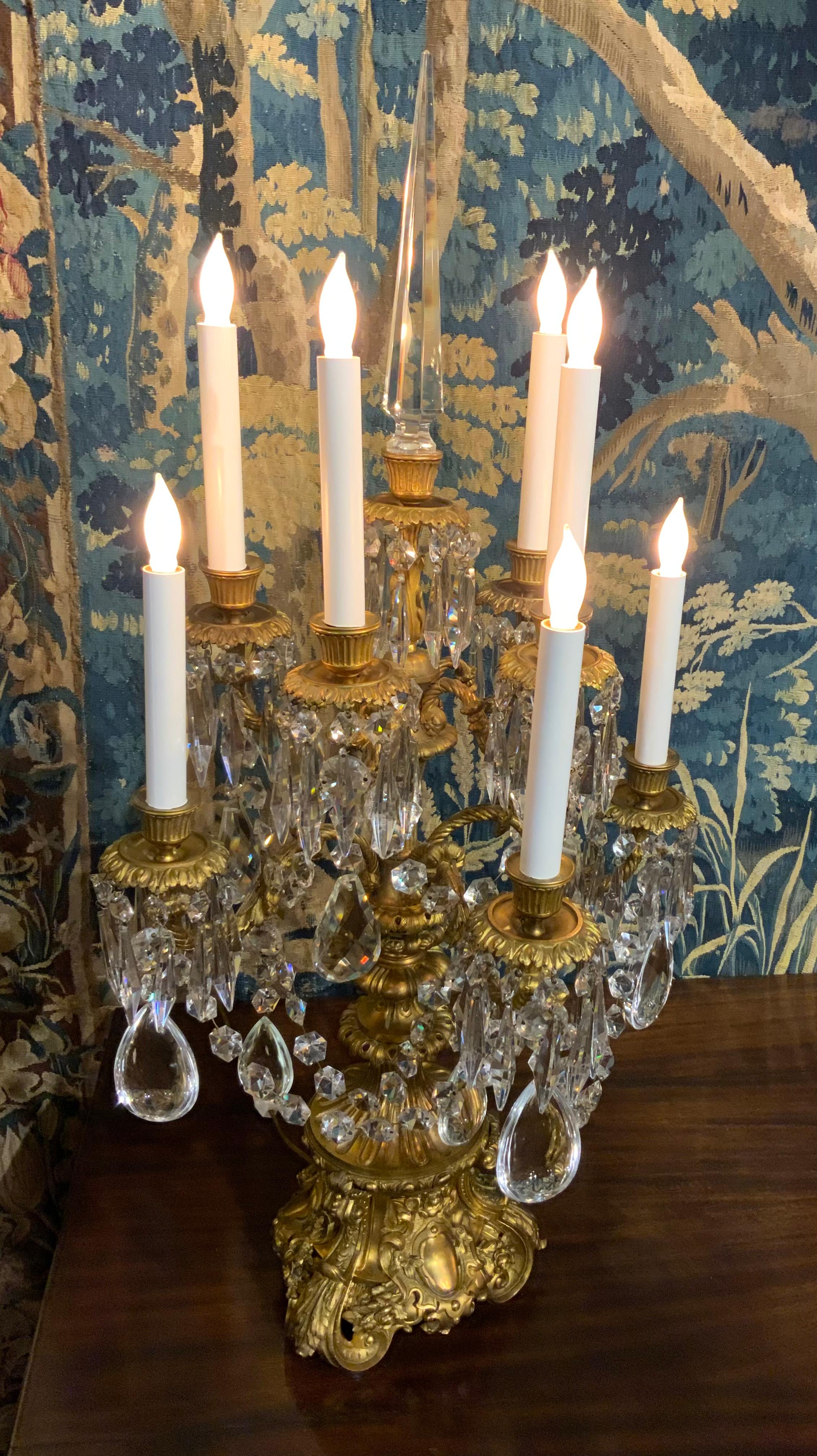 Pair of French Gilded Age Gilt Bronze and Crystal Candelabra, Illuminated 1