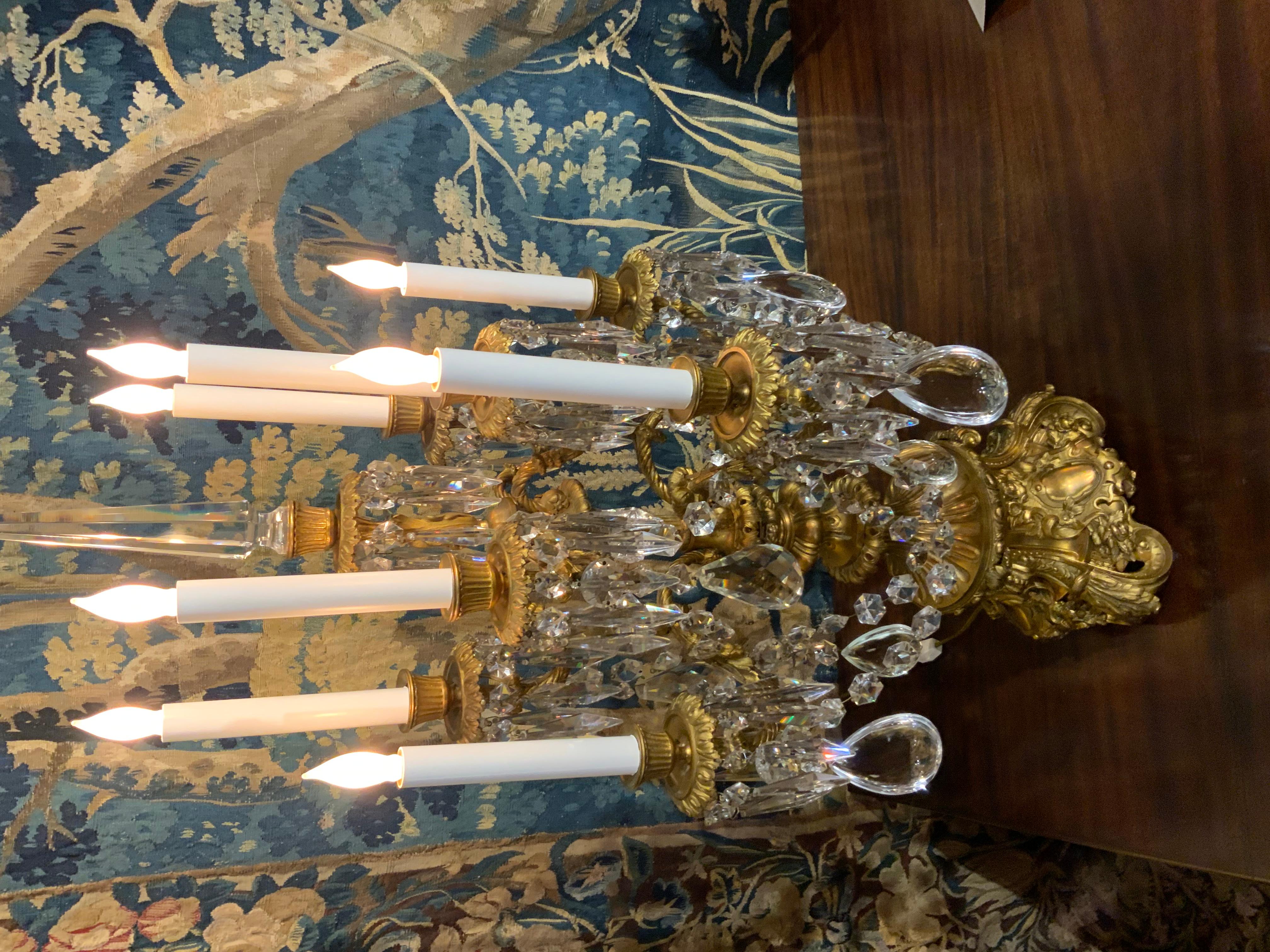 Pair of French Gilded Age Gilt Bronze and Crystal Candelabra, Illuminated 2