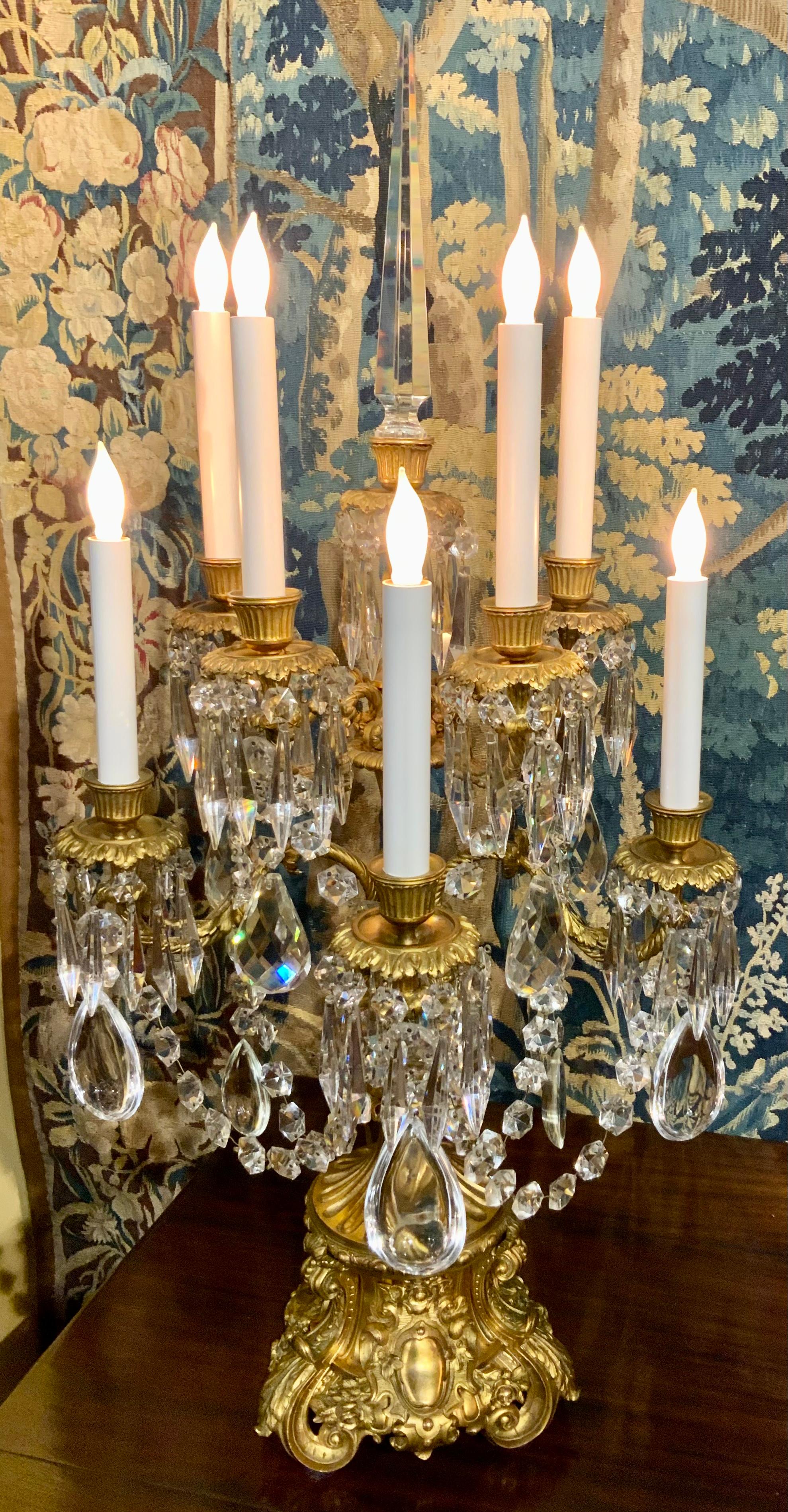 Pair of French Gilded Age Gilt Bronze and Crystal Candelabra, Illuminated 3