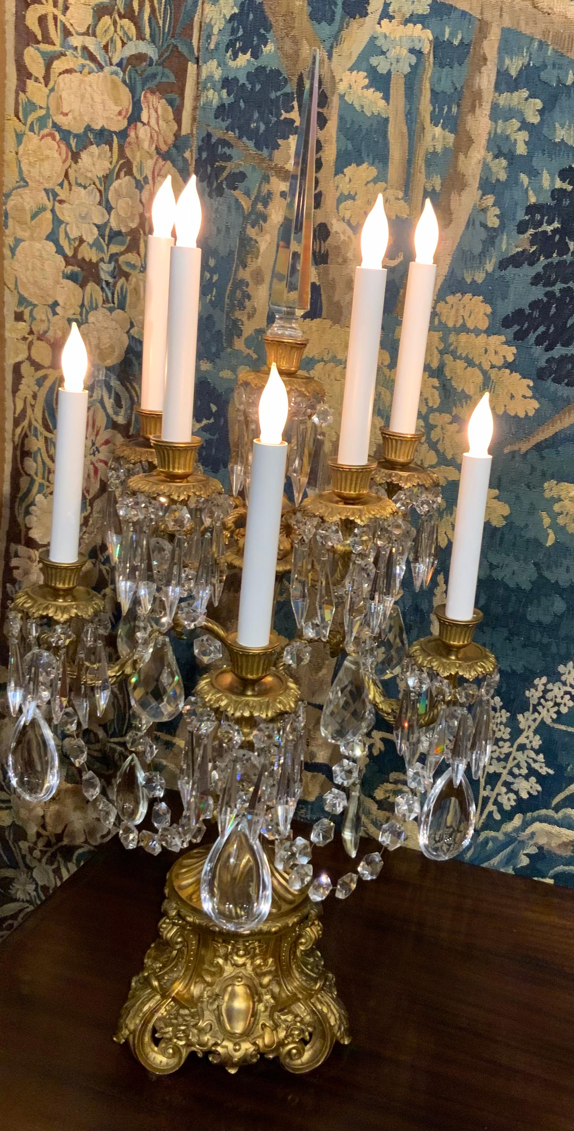 Pair of French Gilded Age Gilt Bronze and Crystal Candelabra, Illuminated 4