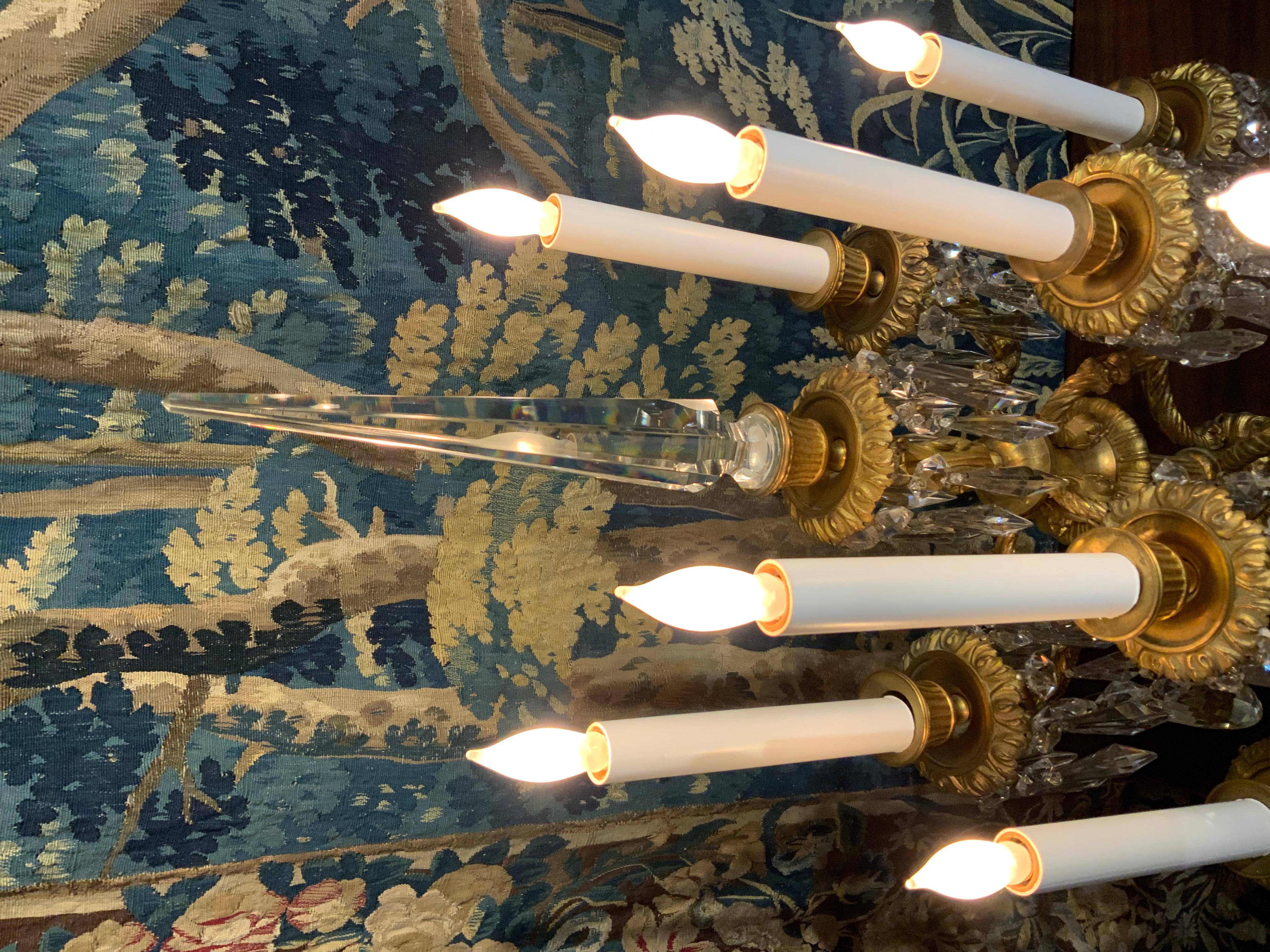Pair of French Gilded Age Gilt Bronze and Crystal Candelabra, Illuminated 5