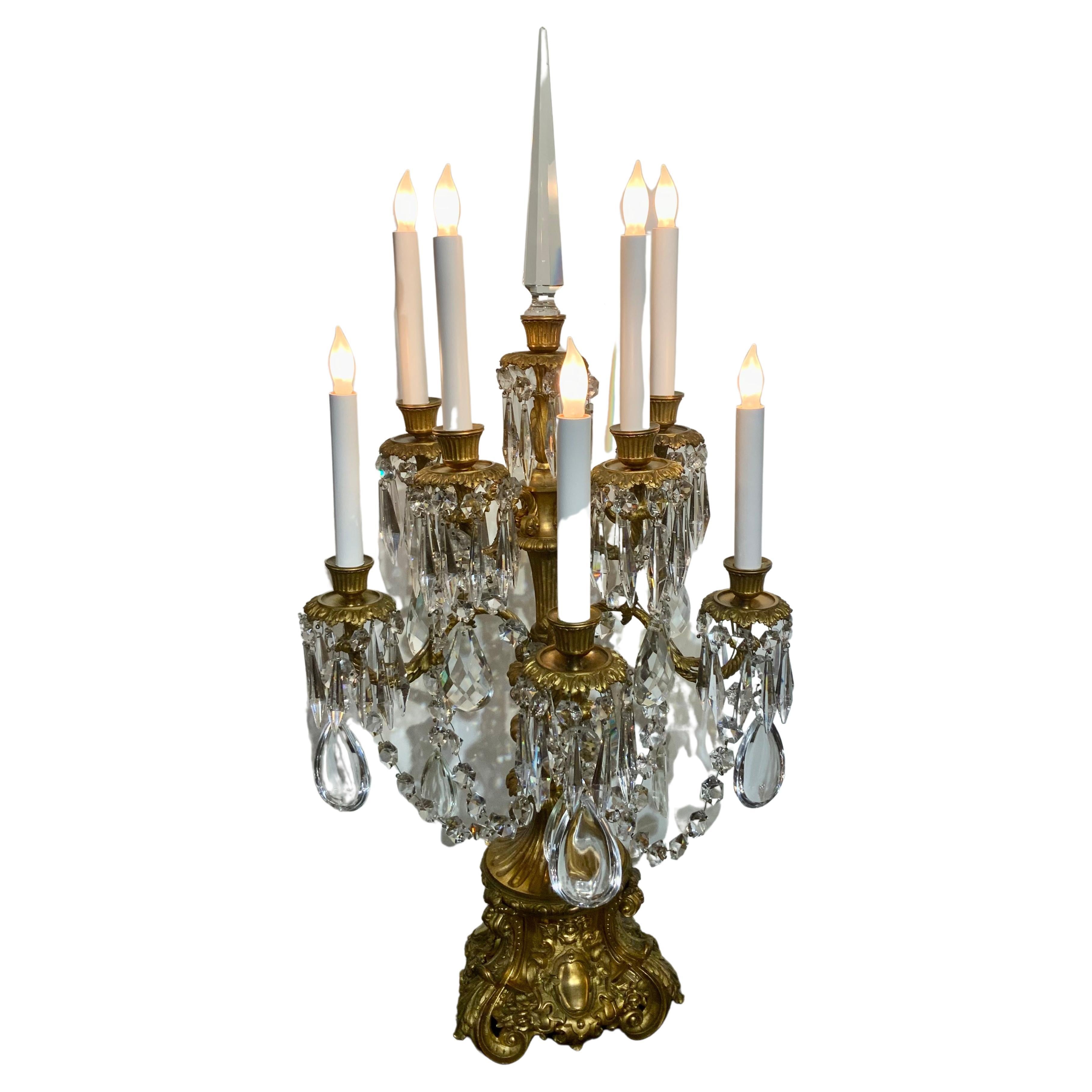 Pair of French Gilded Age Gilt Bronze and Crystal Candelabra, Illuminated