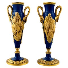 Pair of French Gilded Bronze Vases with Game in Relief, Late 1800s
