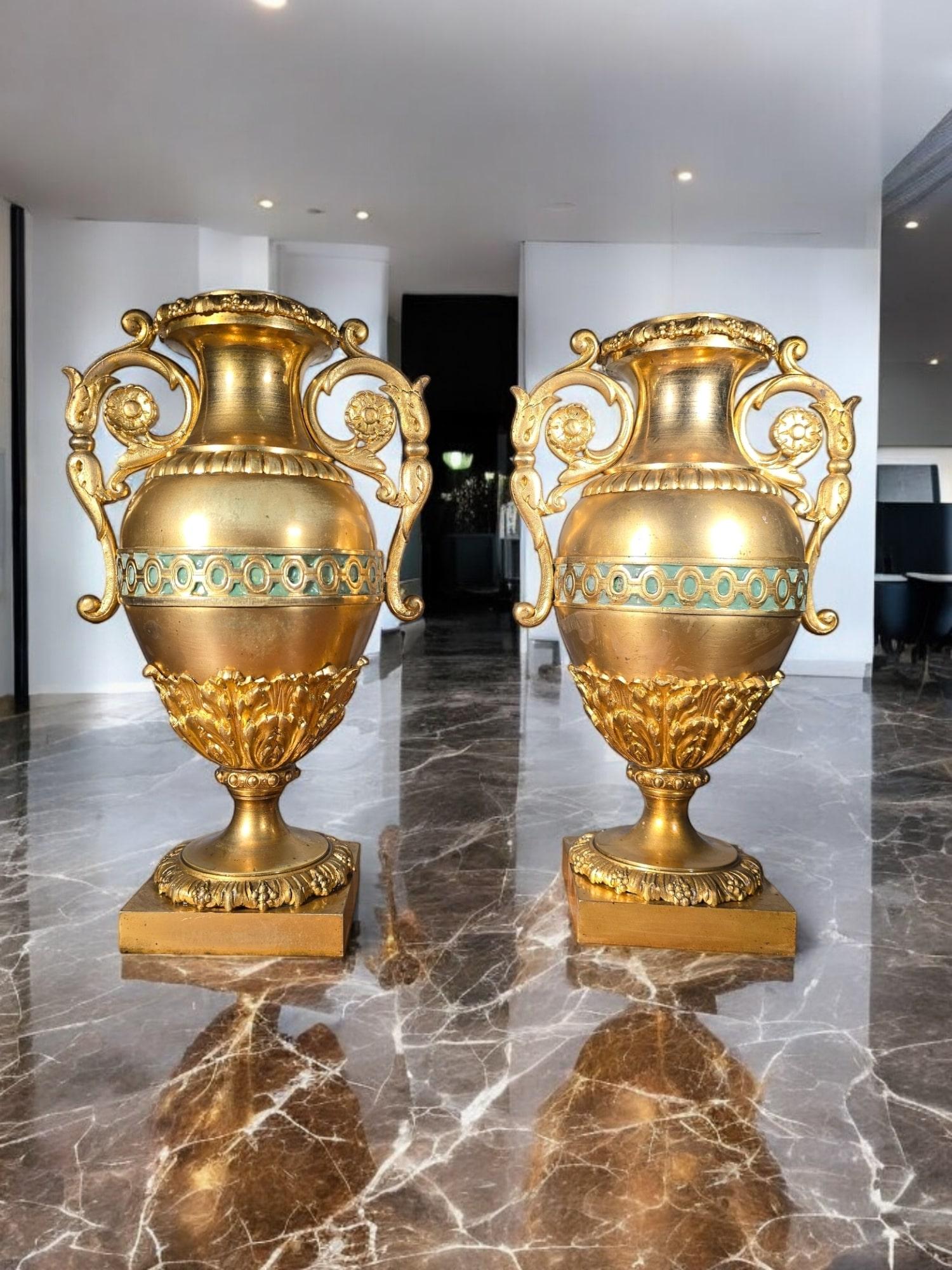 Pair of French Gilded Bronze Vases with Turquoise Enamel For Sale 6