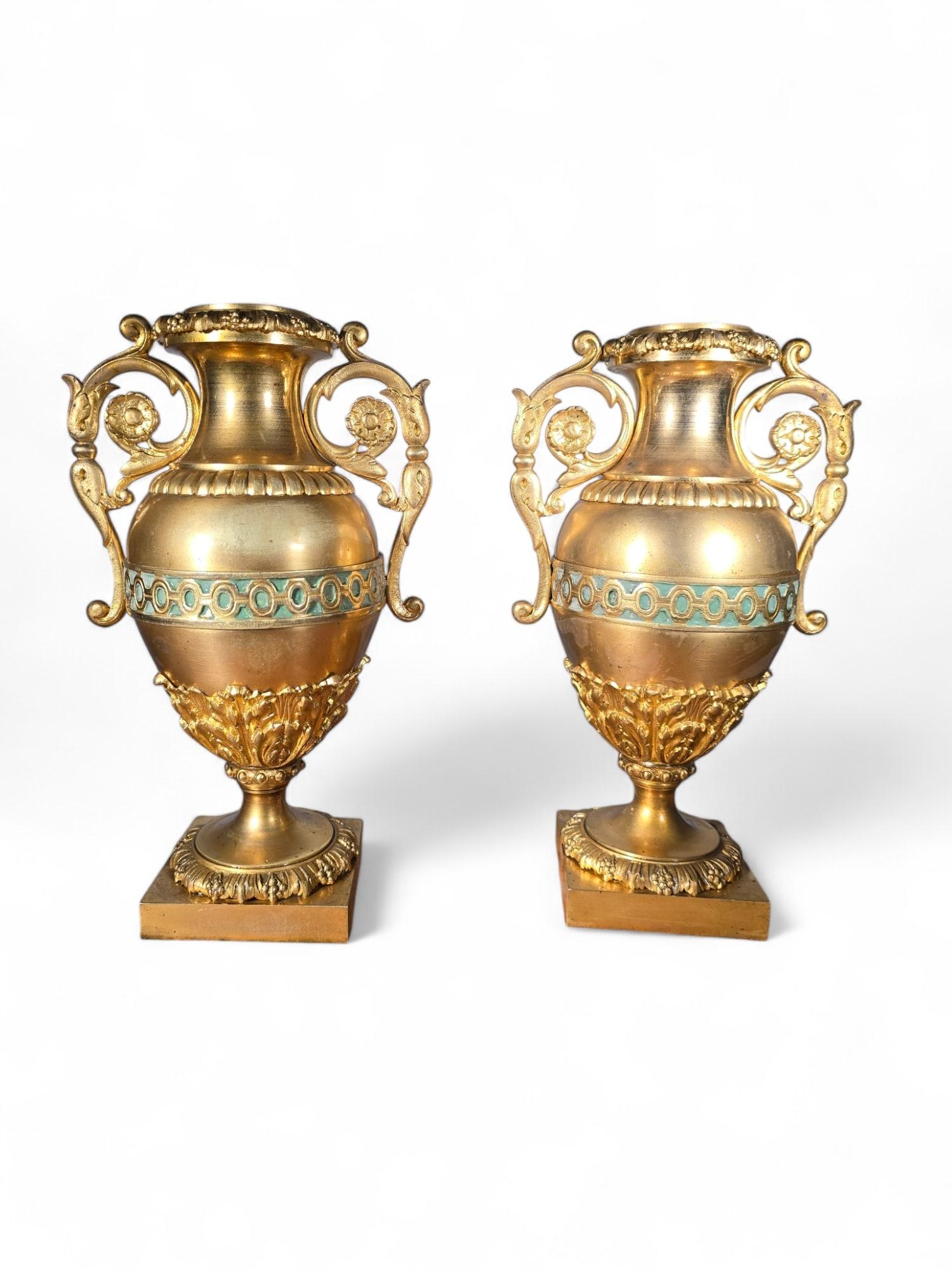 Pair of French Gilded Bronze Vases with Turquoise Enamel For Sale 7