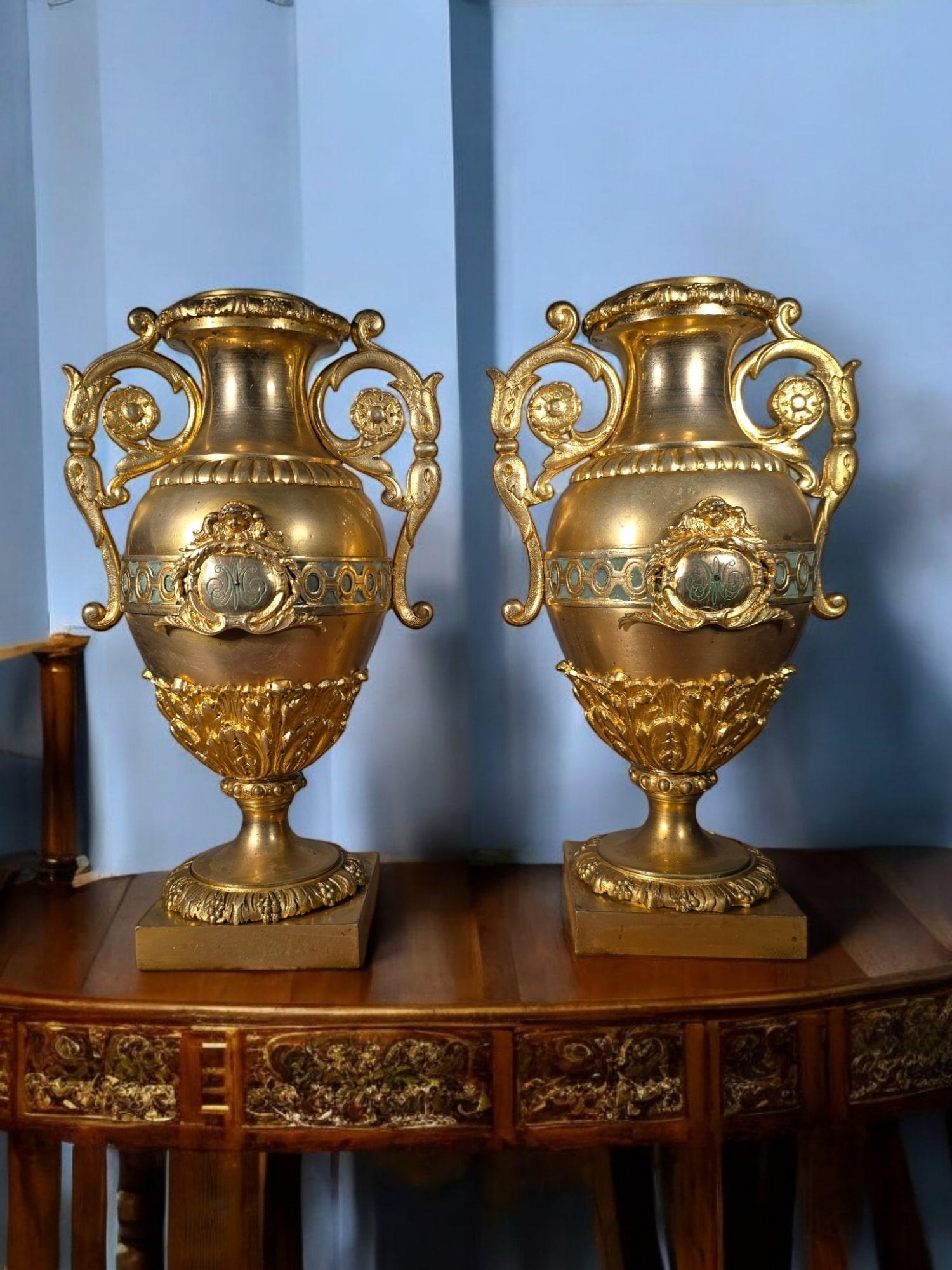 Pair of French Gilded Bronze Vases with Turquoise Enamel For Sale 8