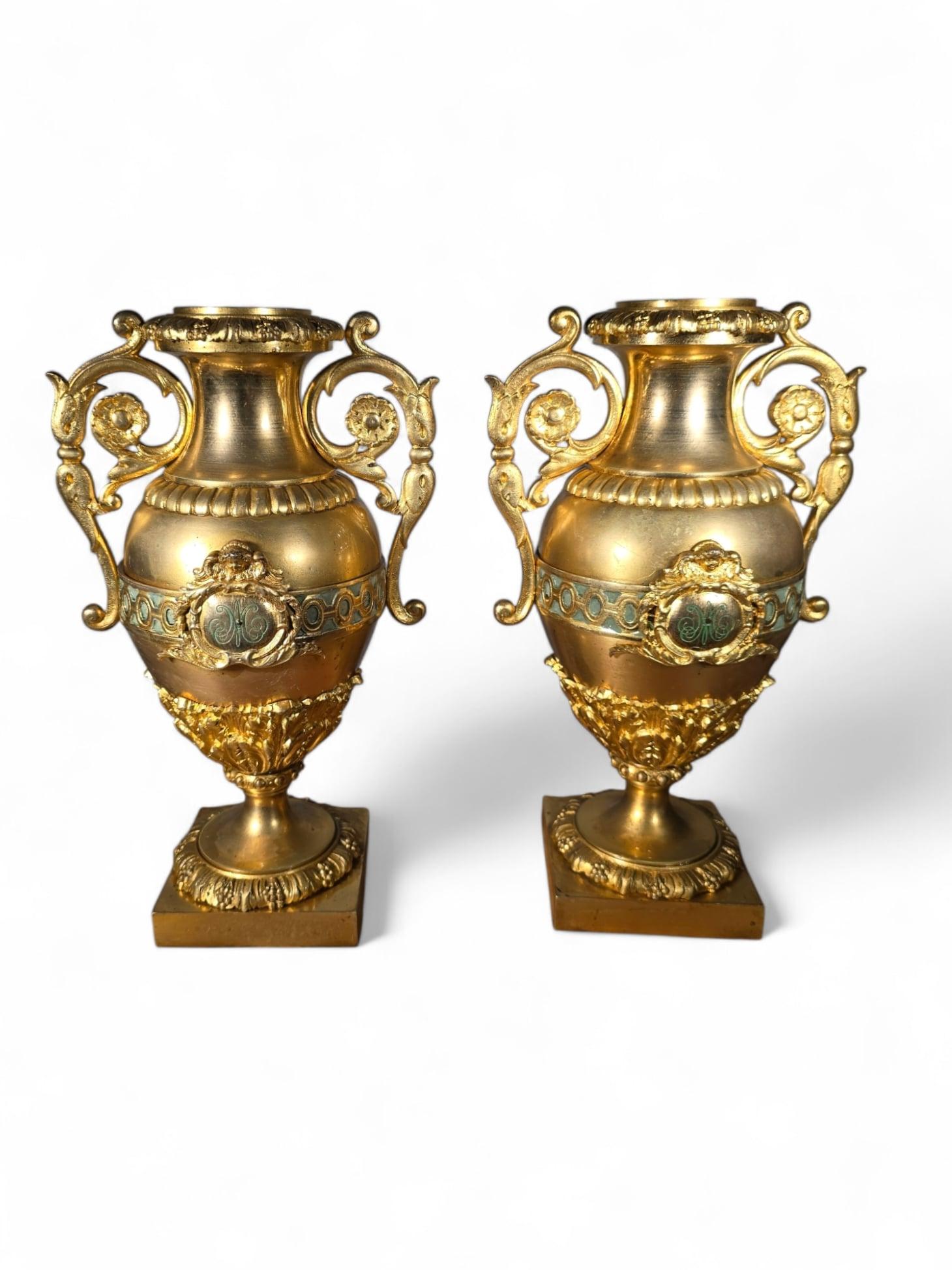 Pair of French Gilded Bronze Vases with Turquoise Enamel For Sale 9