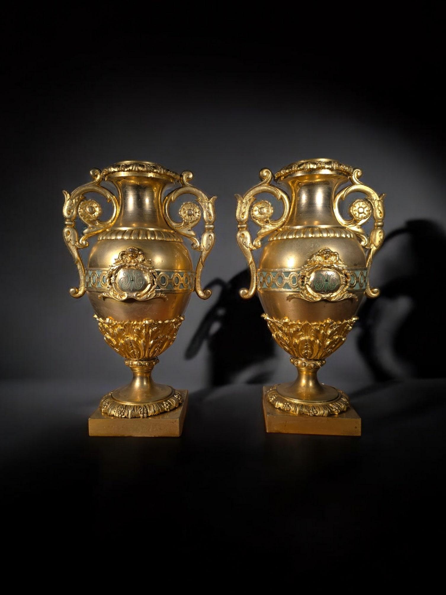 Pair of French Gilded Bronze Vases with Turquoise Enamel For Sale 10