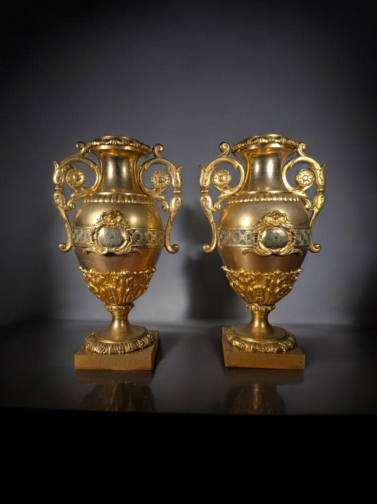 Pair of French Gilded Bronze Vases with Turquoise Enamel For Sale 11