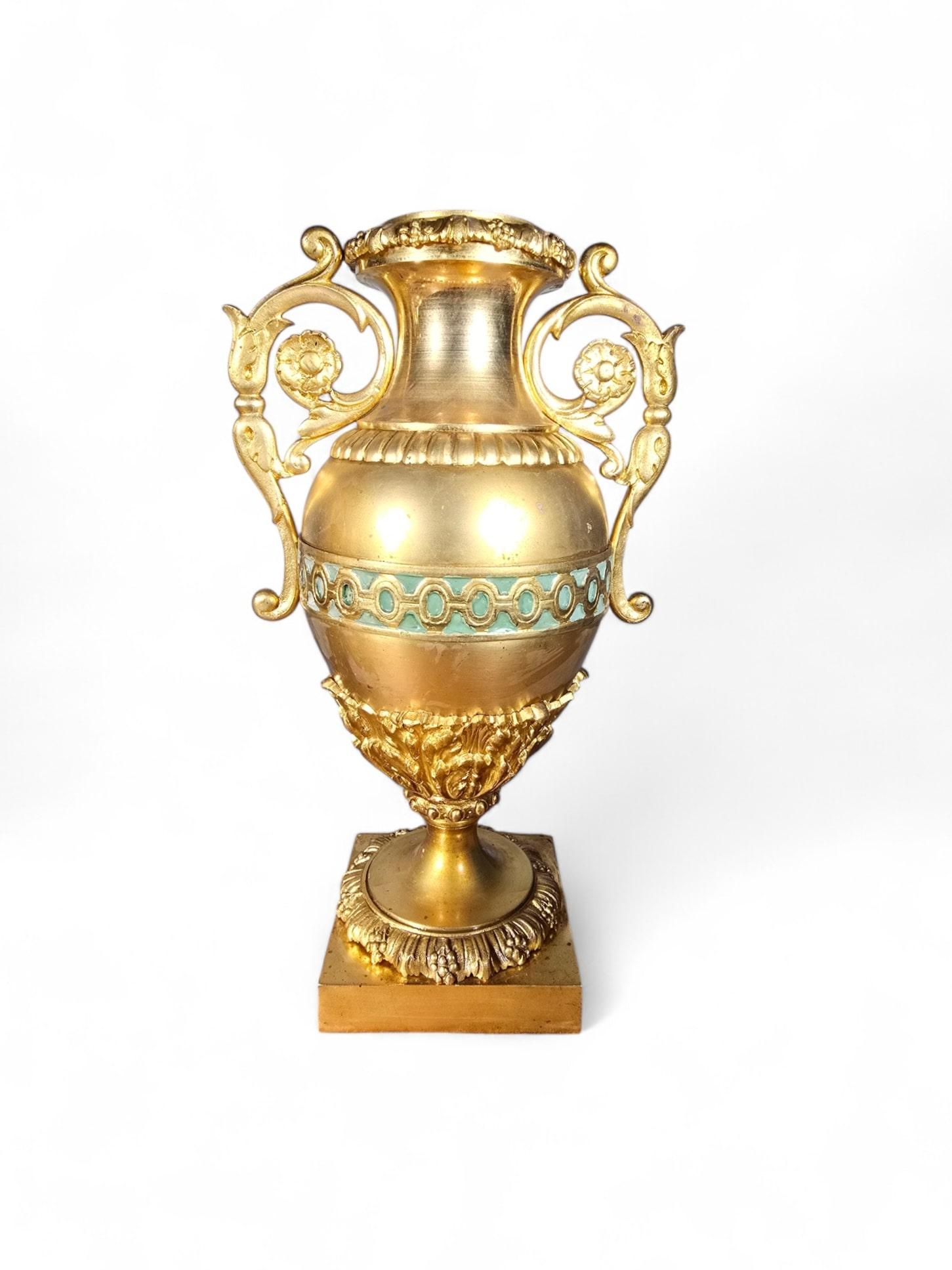 19th Century Pair of French Gilded Bronze Vases with Turquoise Enamel For Sale