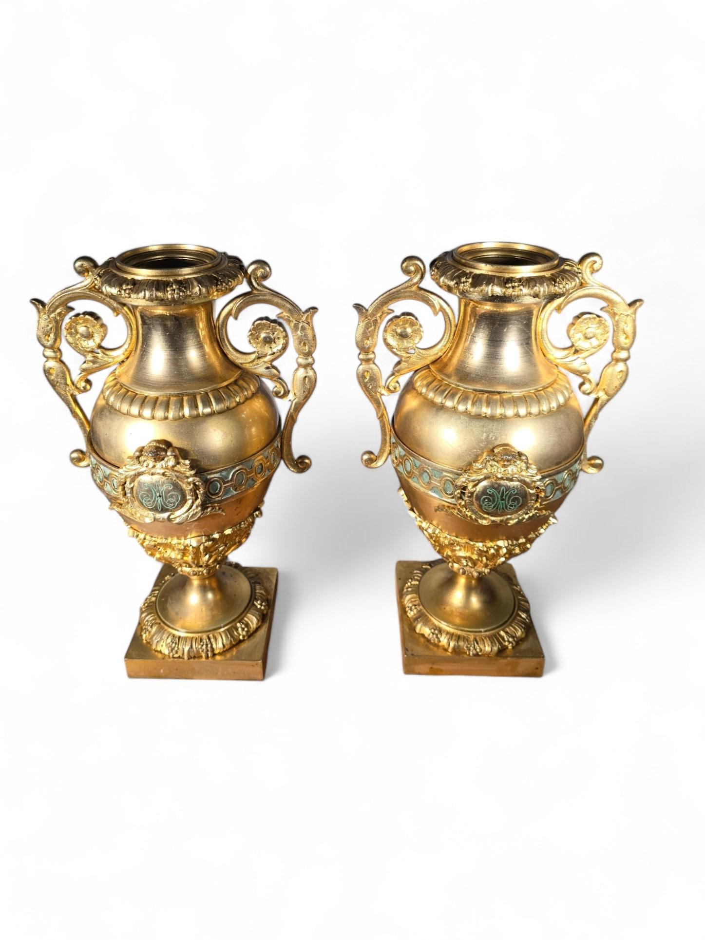 Pair of French Gilded Bronze Vases with Turquoise Enamel For Sale 1