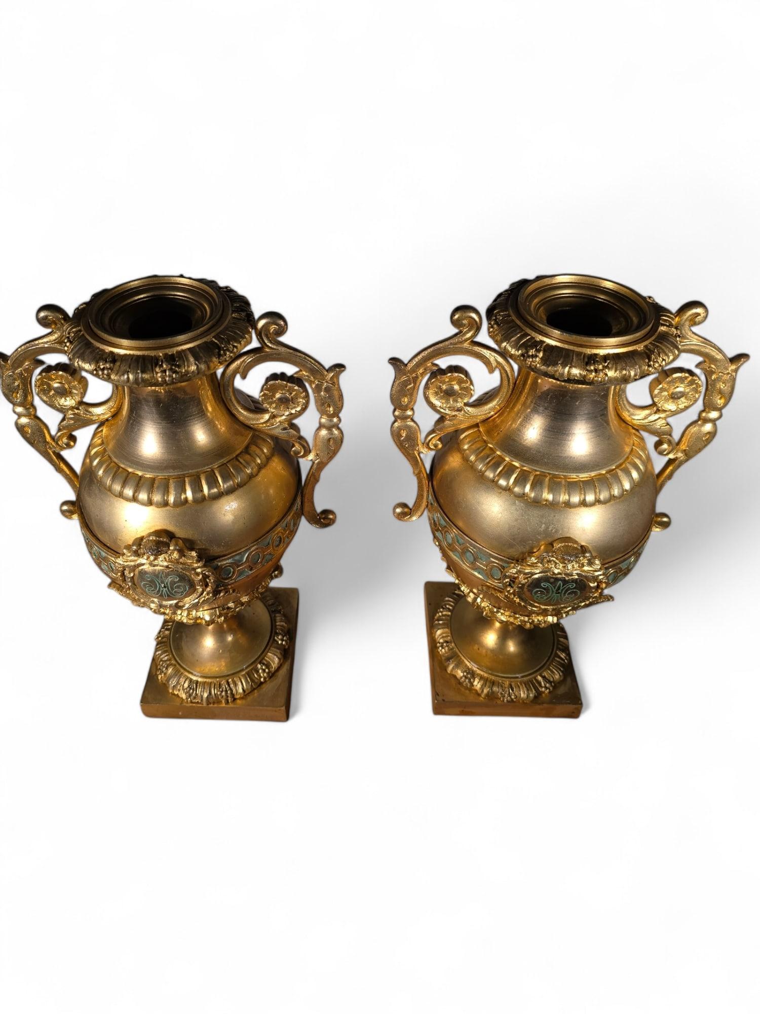 Pair of French Gilded Bronze Vases with Turquoise Enamel For Sale 2