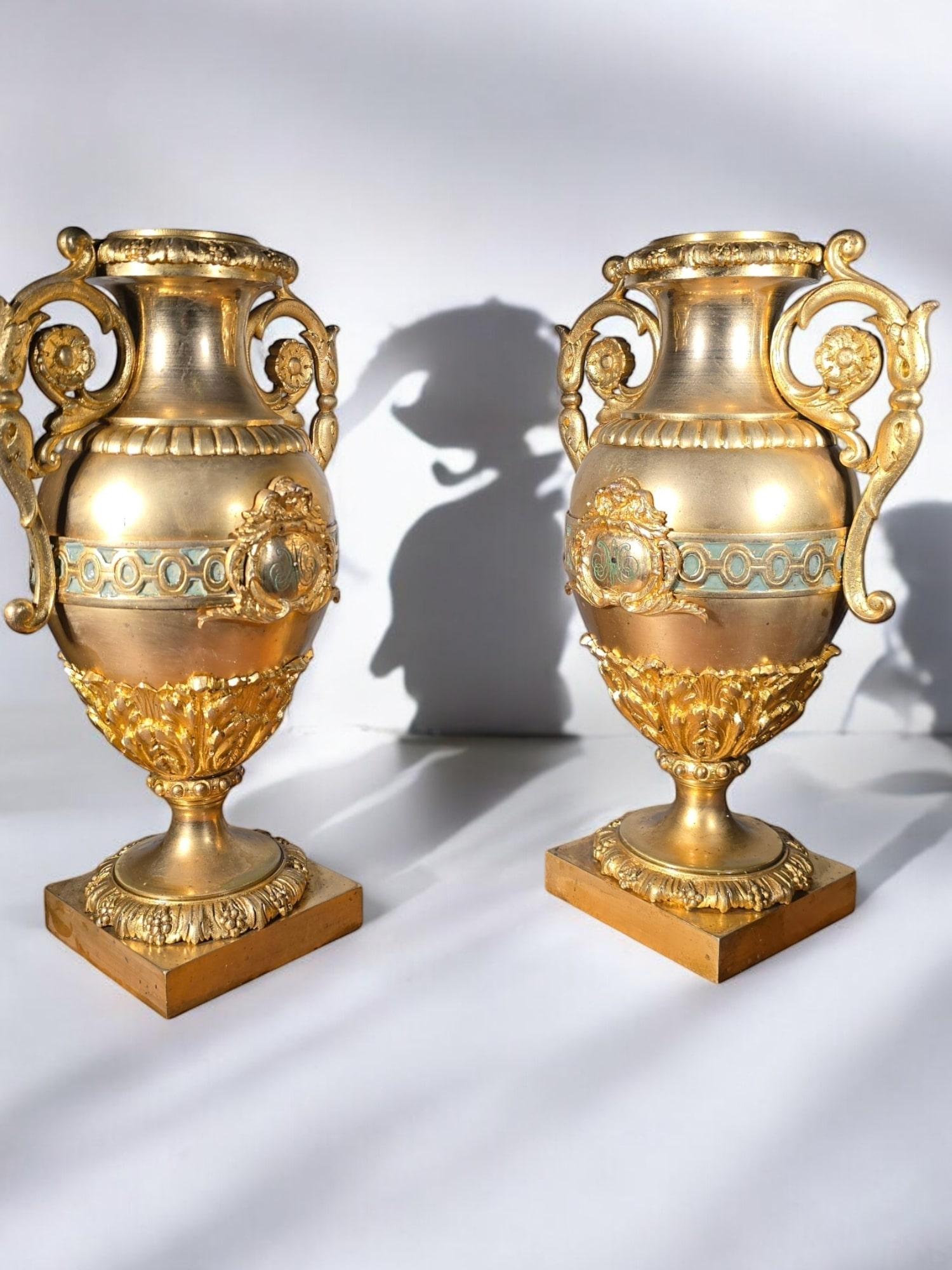 Pair of French Gilded Bronze Vases with Turquoise Enamel For Sale 3