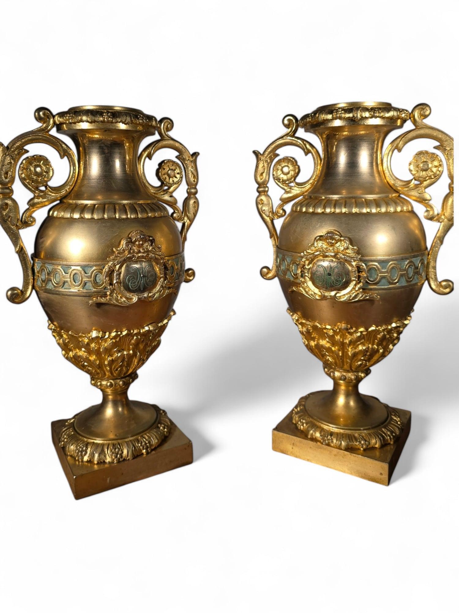 Pair of French Gilded Bronze Vases with Turquoise Enamel For Sale 4