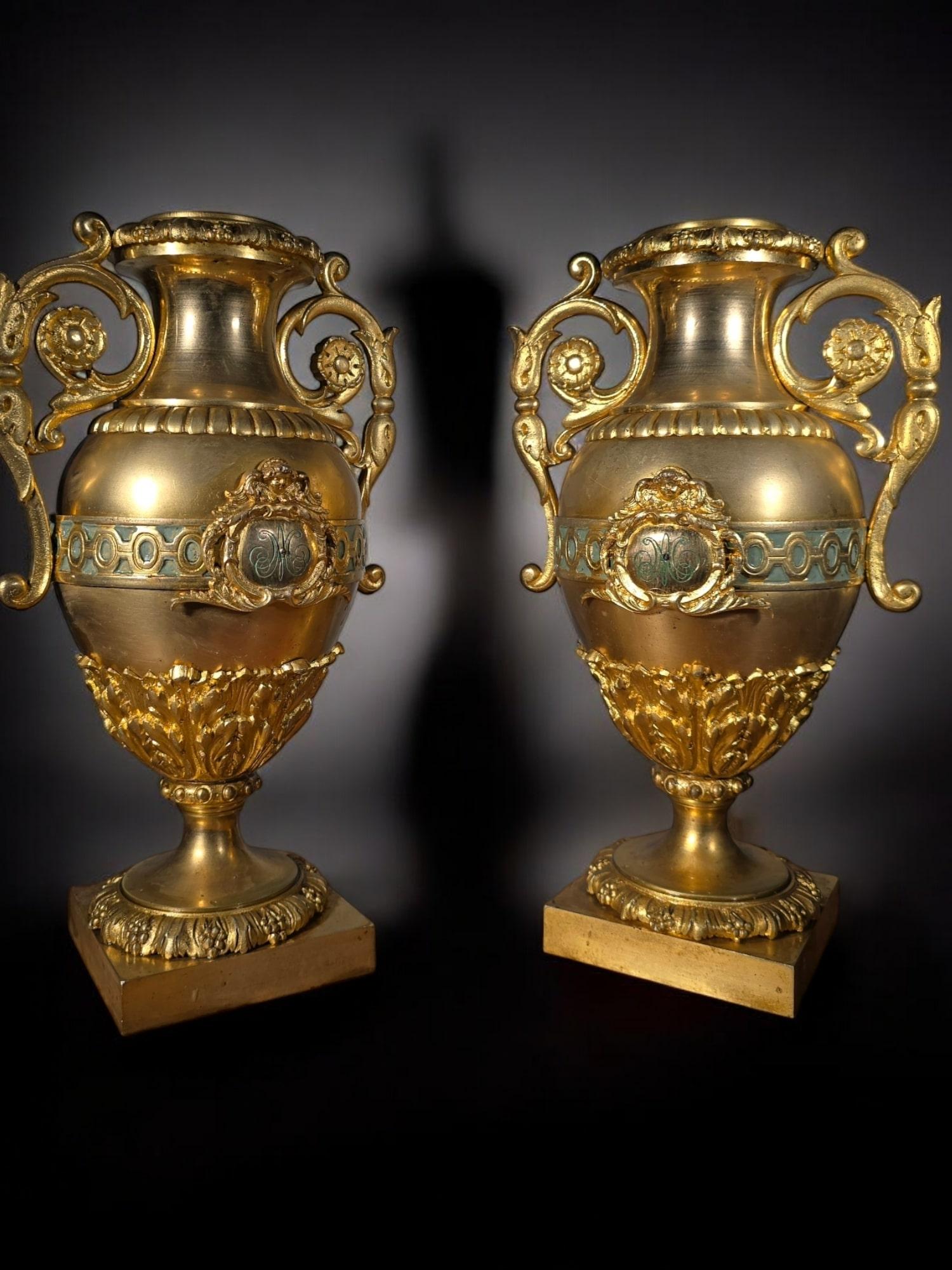 Pair of French Gilded Bronze Vases with Turquoise Enamel For Sale 5