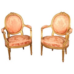 Pair of French Gilded Carved Louis XVI Fauteuils Armchairs, circa 1870