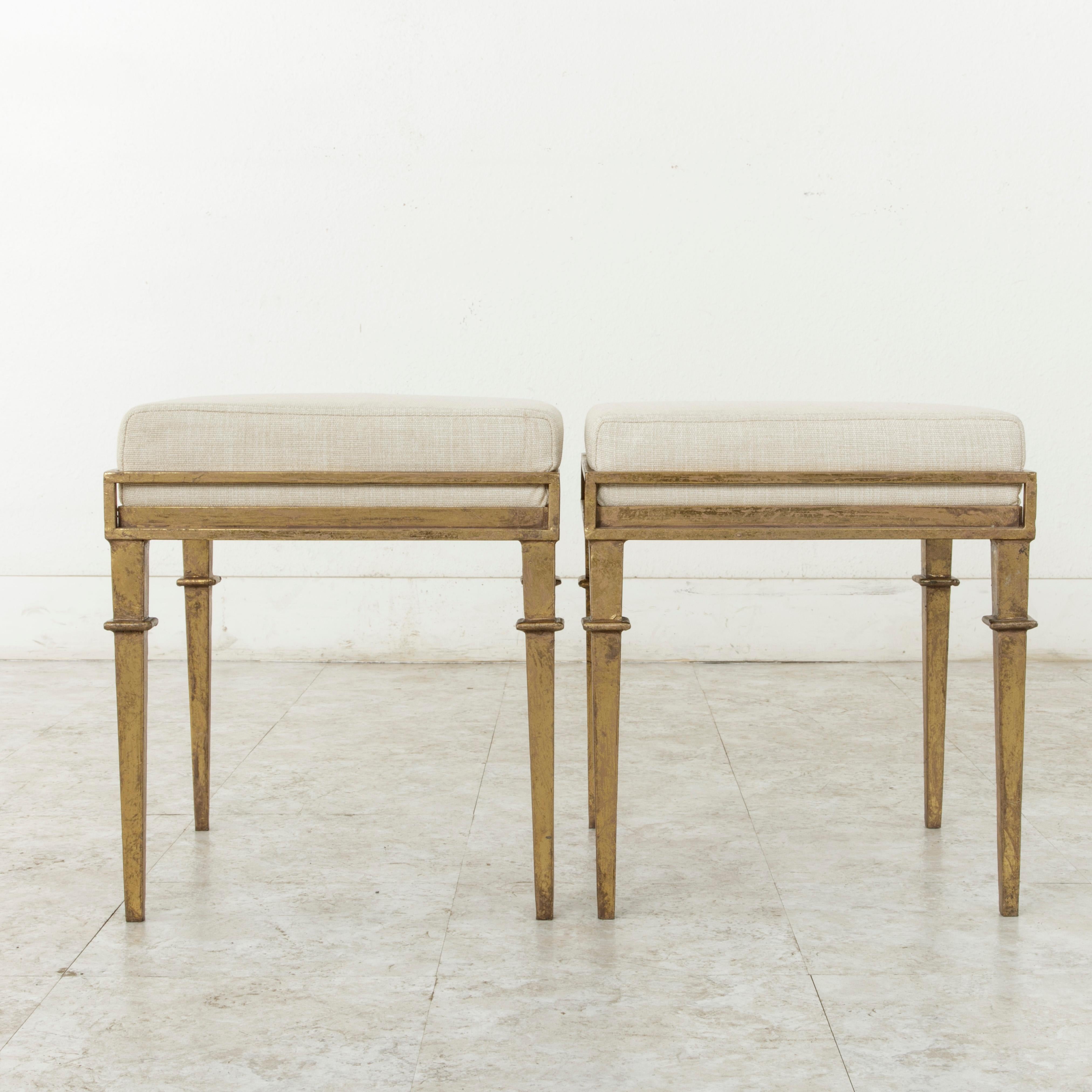 Mid-Century Modern Pair of French Gilded Iron Banquettes or Benches with Linen Upholstered Cushions