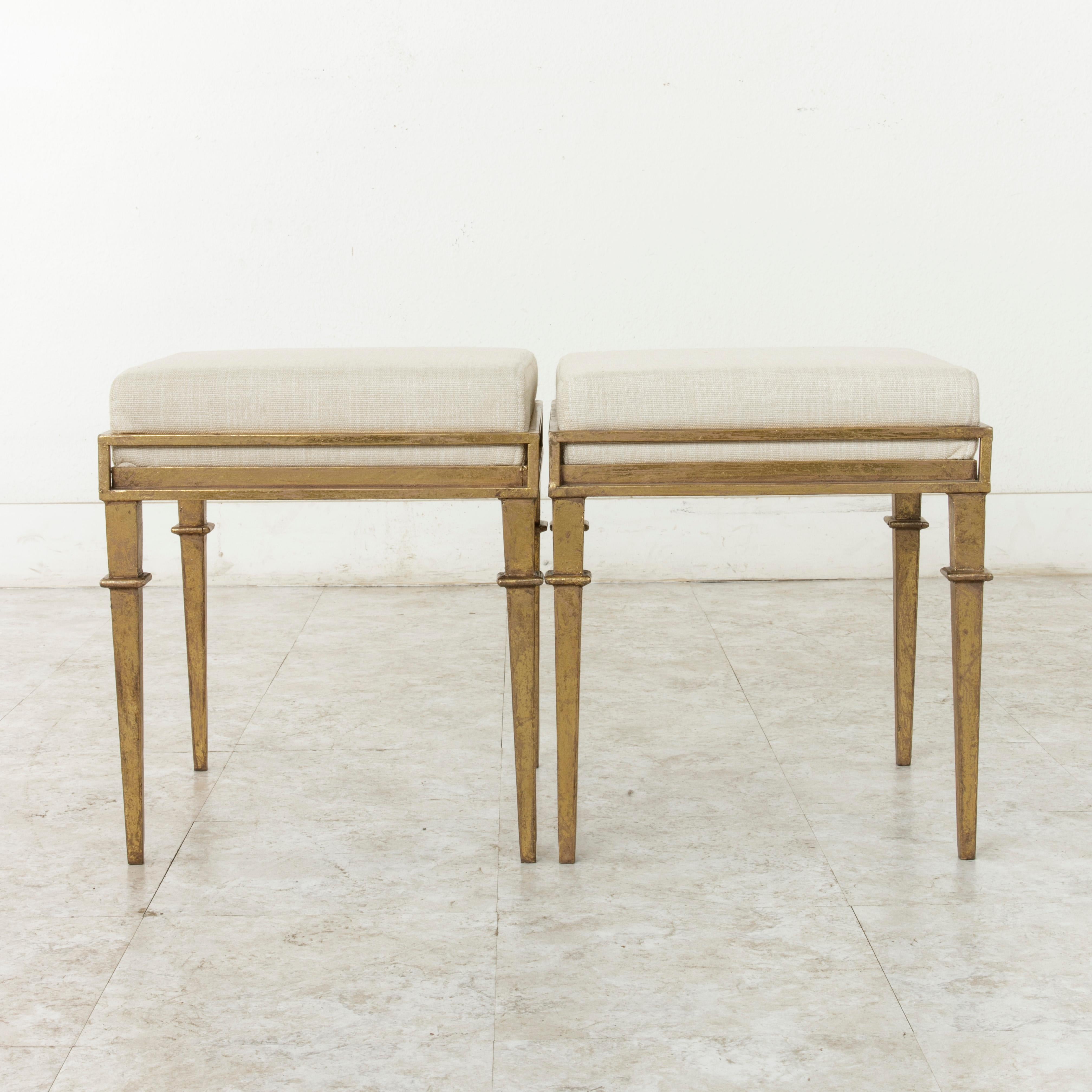 Contemporary Pair of French Gilded Iron Banquettes or Benches with Linen Upholstered Cushions