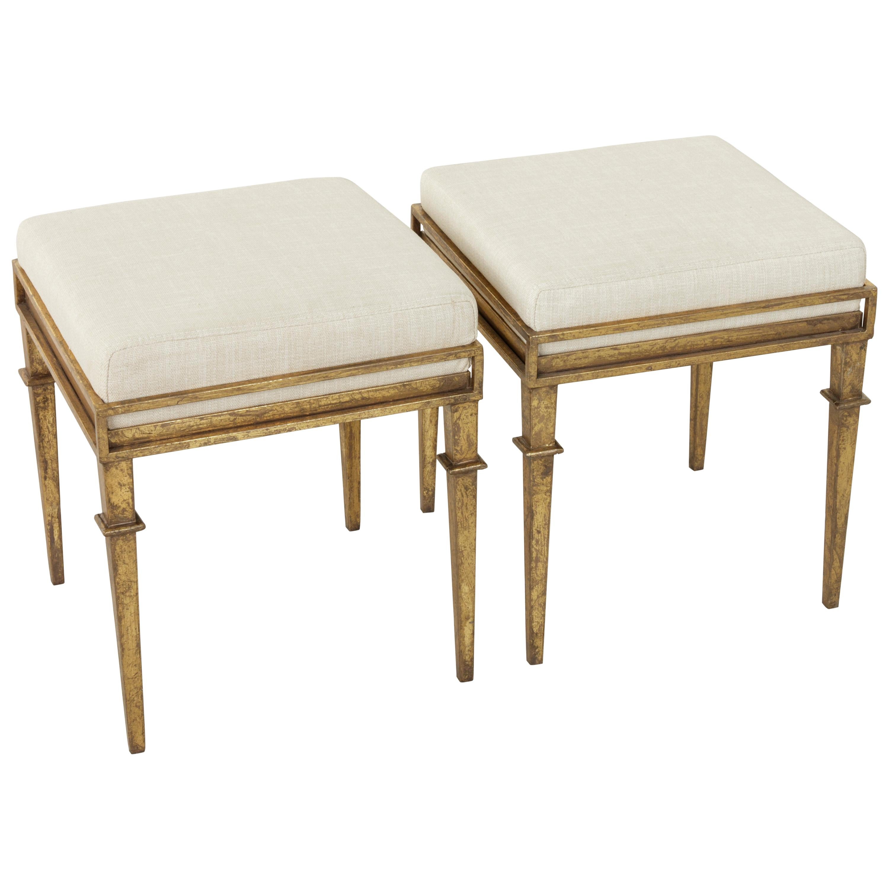 Pair of French Gilded Iron Banquettes or Benches with Linen Upholstered Cushions