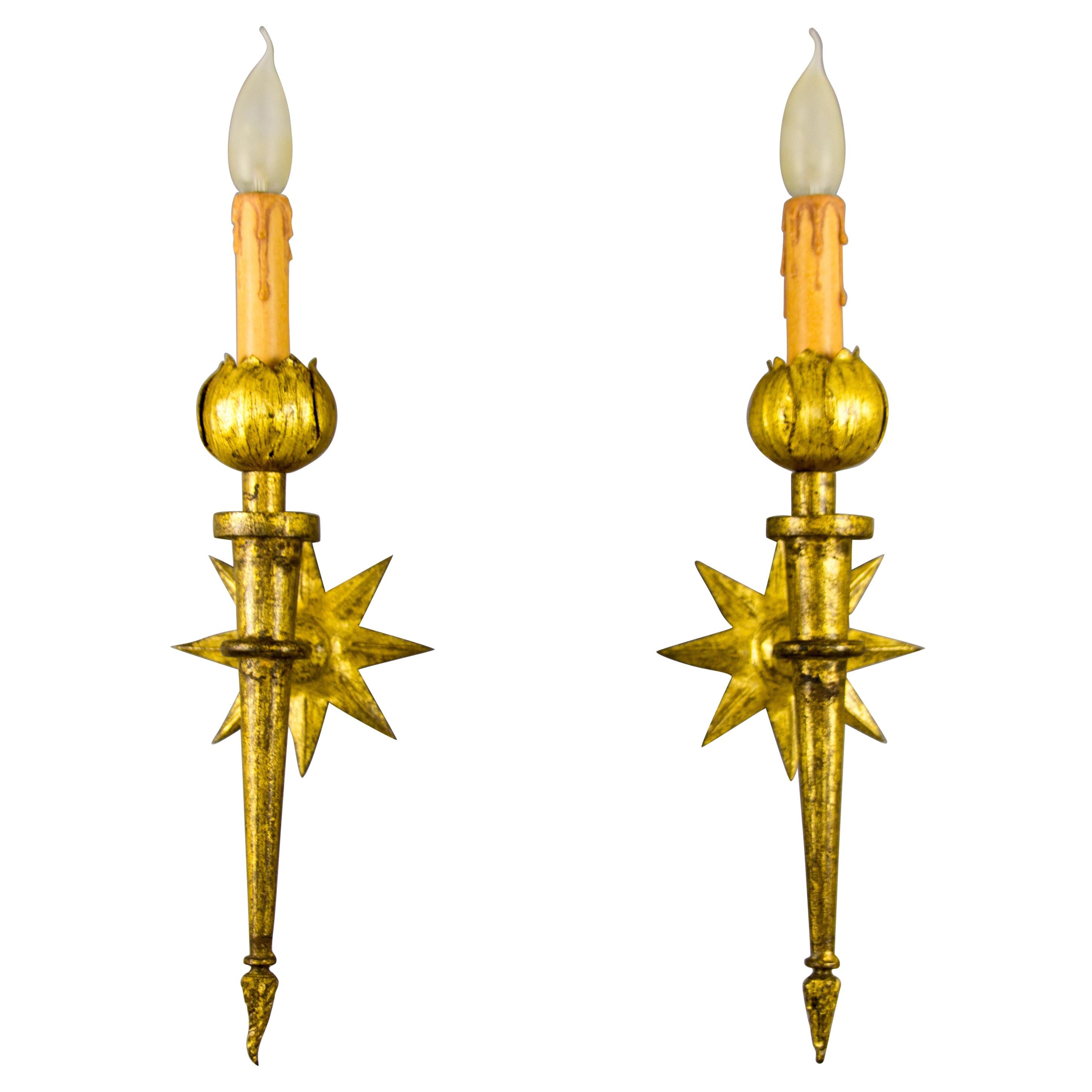 Pair of French Gilded Iron Sconces after Gilbert Poillerat