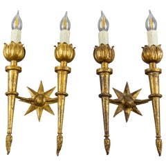 Pair of French Gilded Iron Two-Branch Sconces after Gilbert Poillerat, 1940s