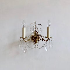 Pair of French Gilded Ornate Lamp Brass Wall Lights with Crystal Swag Drops