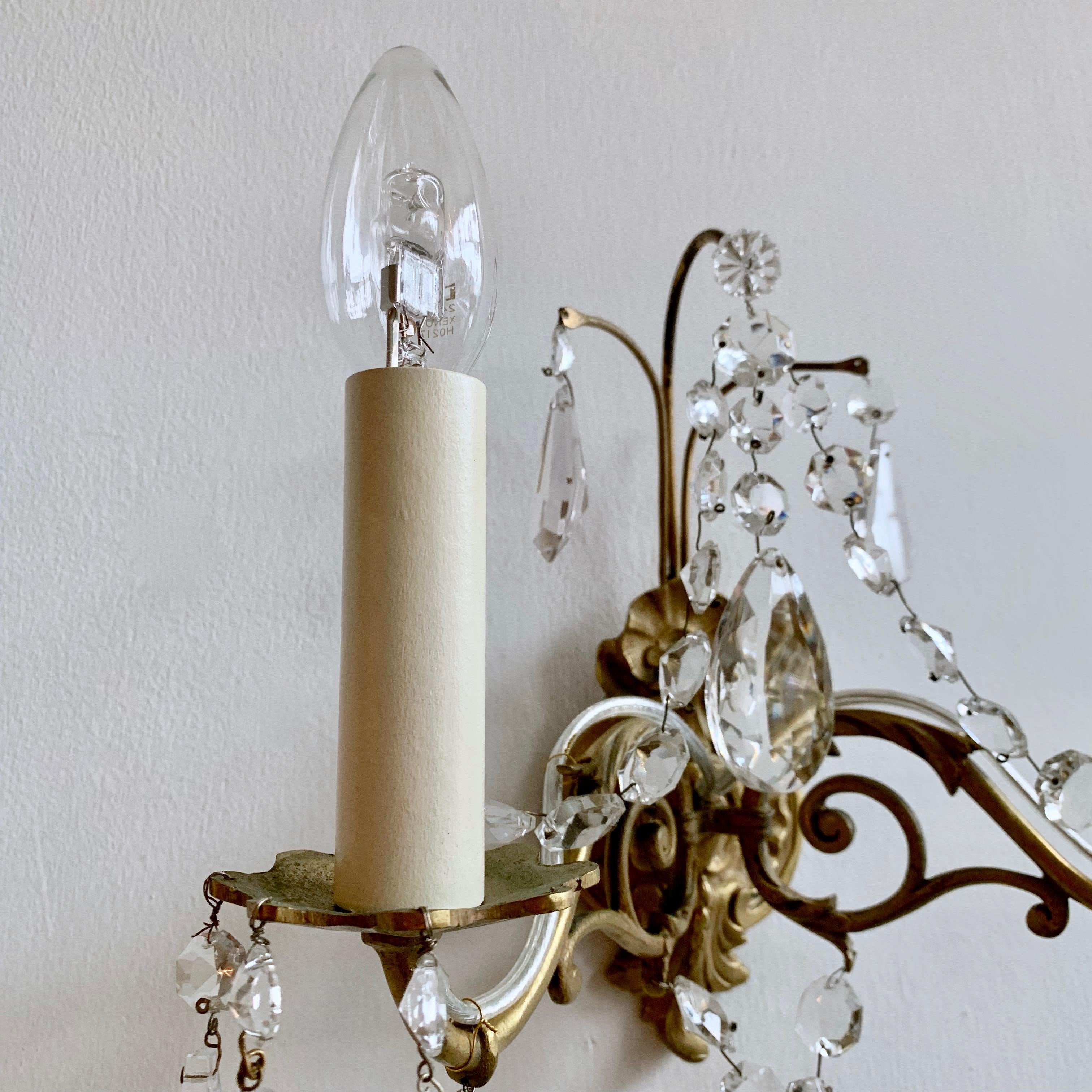 Pair of French Gilded Ornate Lamp Brass Wall Lights with Crystal Swag Drops 1