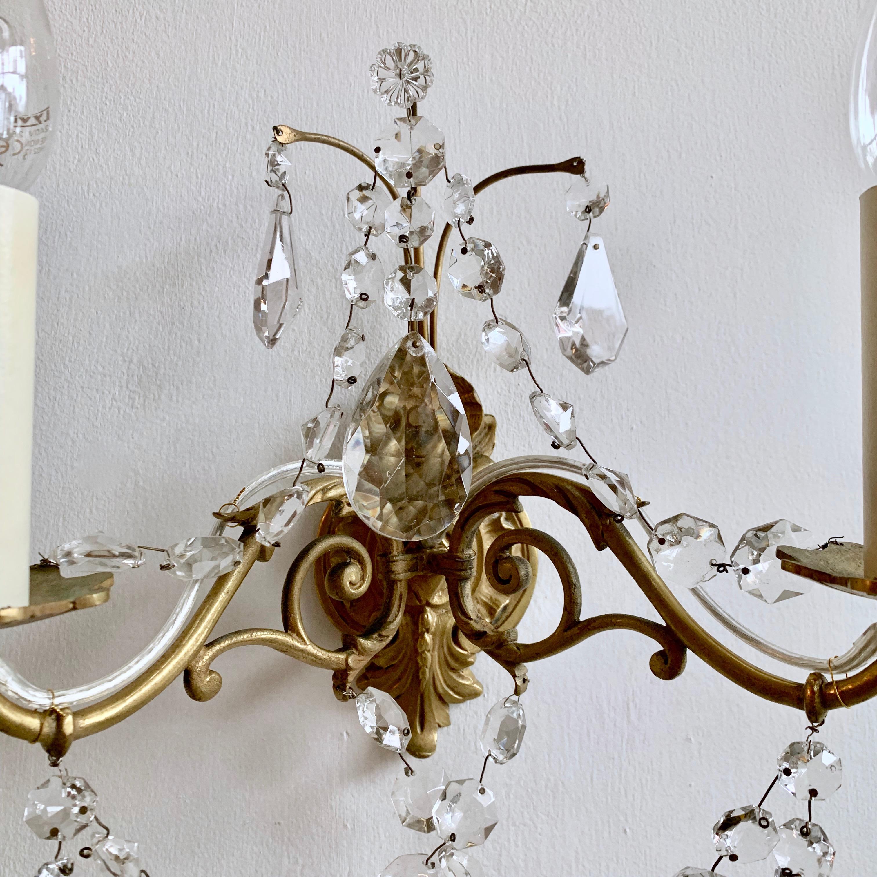 Pair of French Gilded Ornate Lamp Brass Wall Lights with Crystal Swag Drops 4